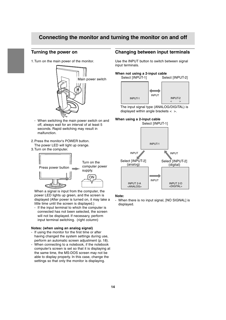 Turning the power on, Changing between input terminals | Sharp LL-T1815 User Manual | Page 14 / 156