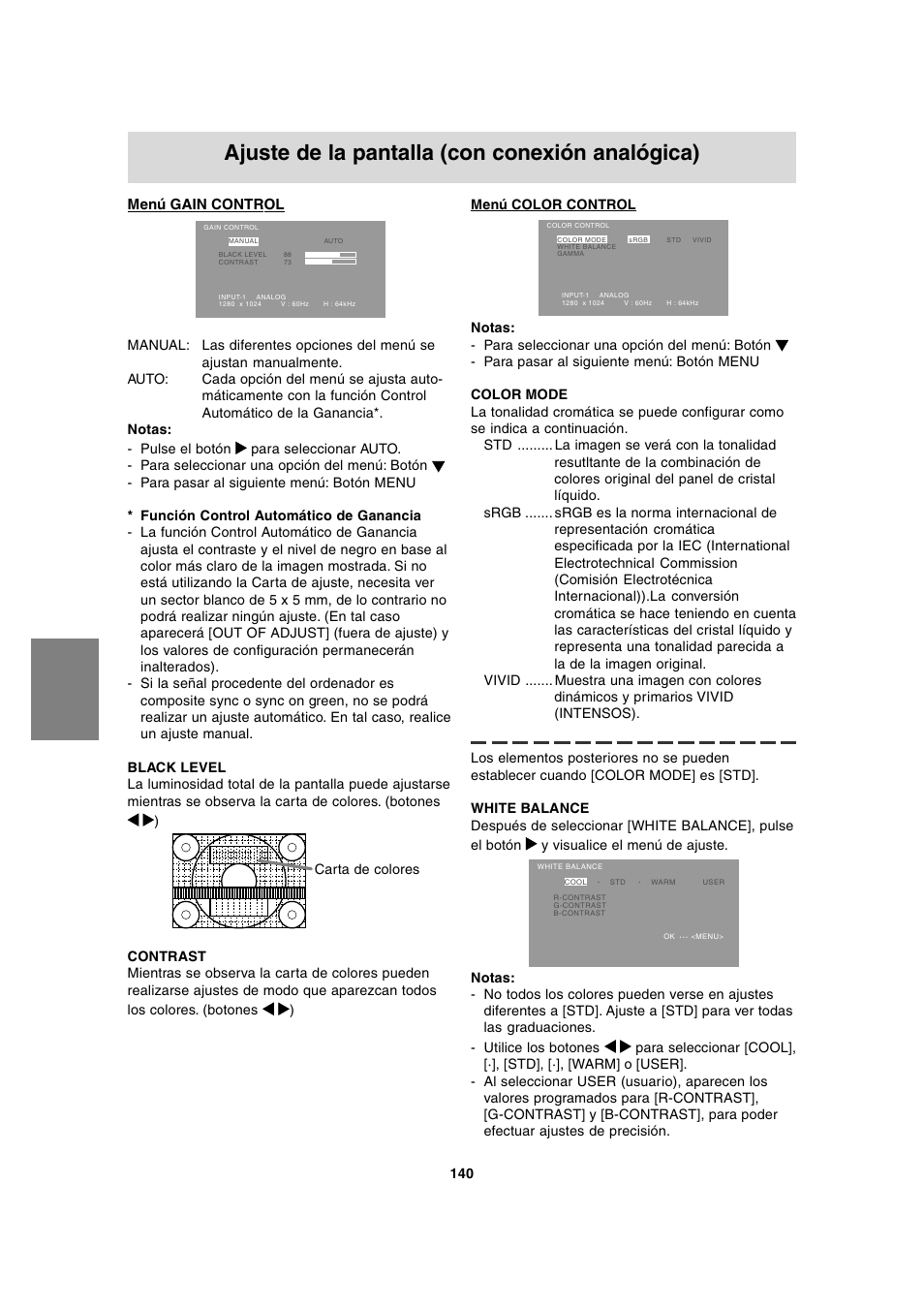 Ajuste de la pantalla (con conexión analógica), Menú gain control | Sharp LL-T1815 User Manual | Page 140 / 156