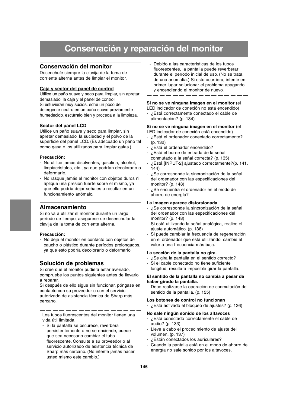 Conservación y reparación del monitor, Conservación del monitor, Almacenamiento | Solución de problemas | Sharp LL-T1815 User Manual | Page 146 / 156