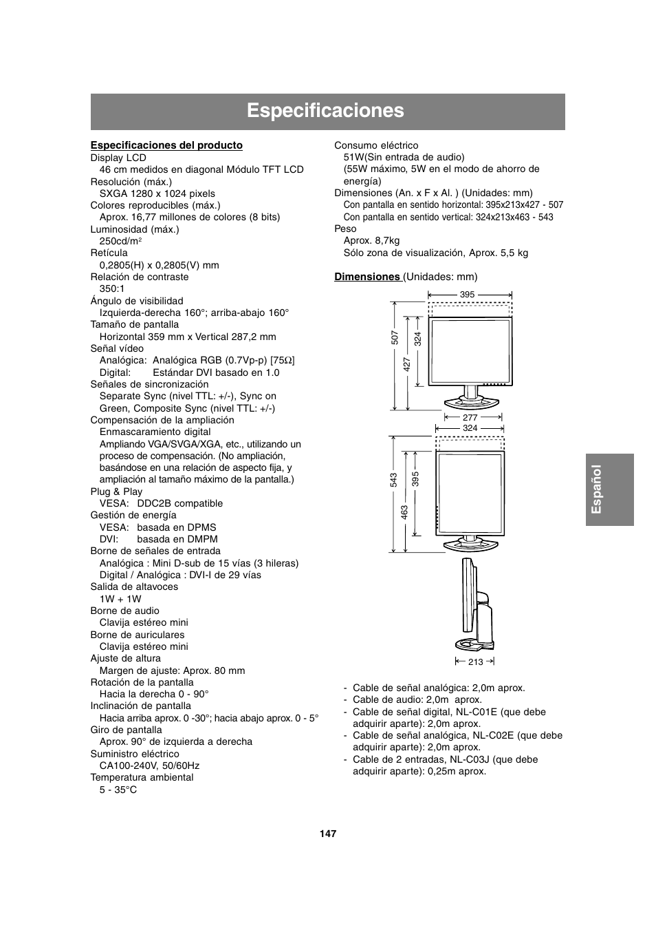 Especificaciones | Sharp LL-T1815 User Manual | Page 147 / 156