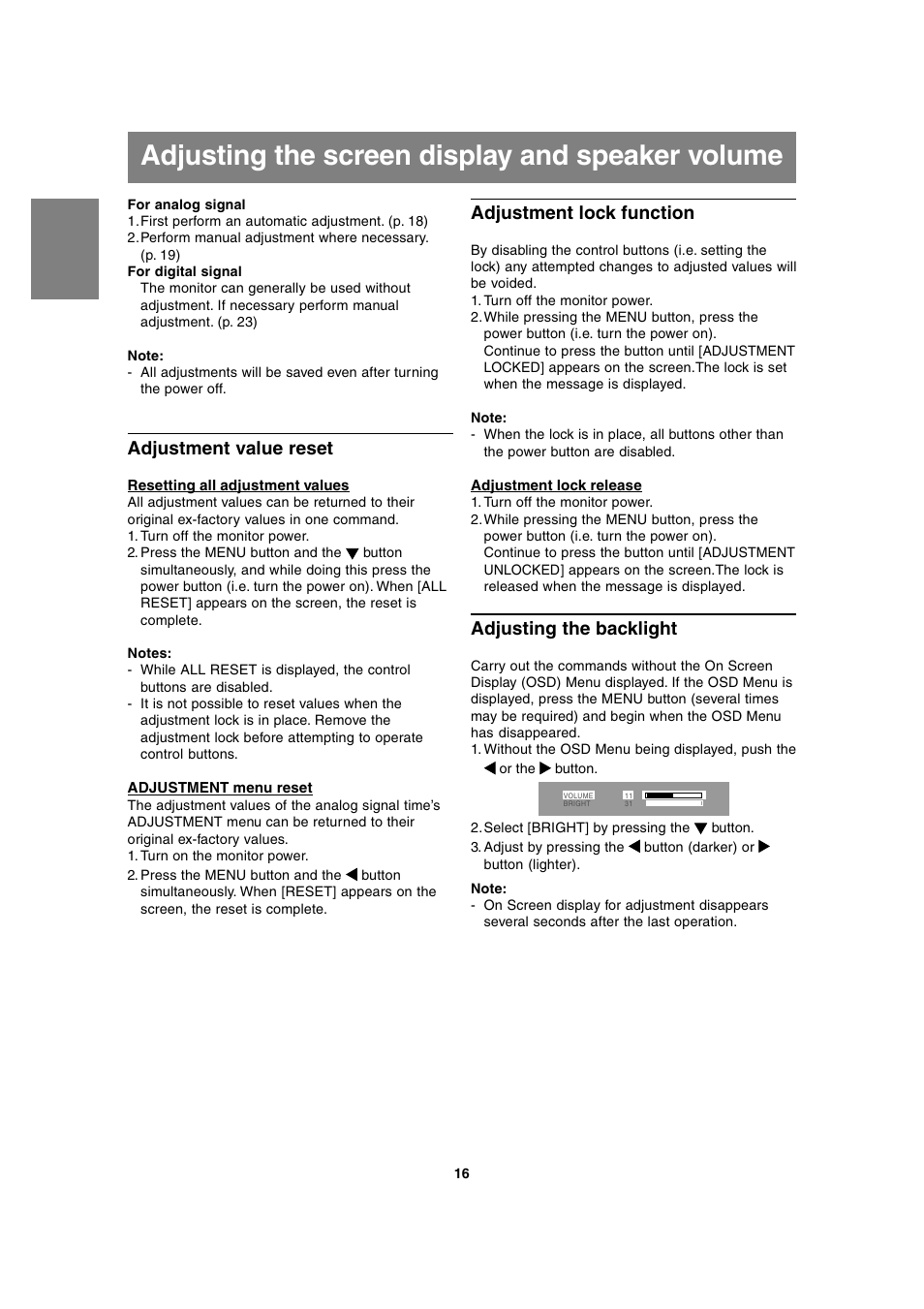 Adjusting the screen display and speaker volume, Adjustment value reset, Adjustment lock function | Adjusting the backlight | Sharp LL-T1815 User Manual | Page 16 / 156