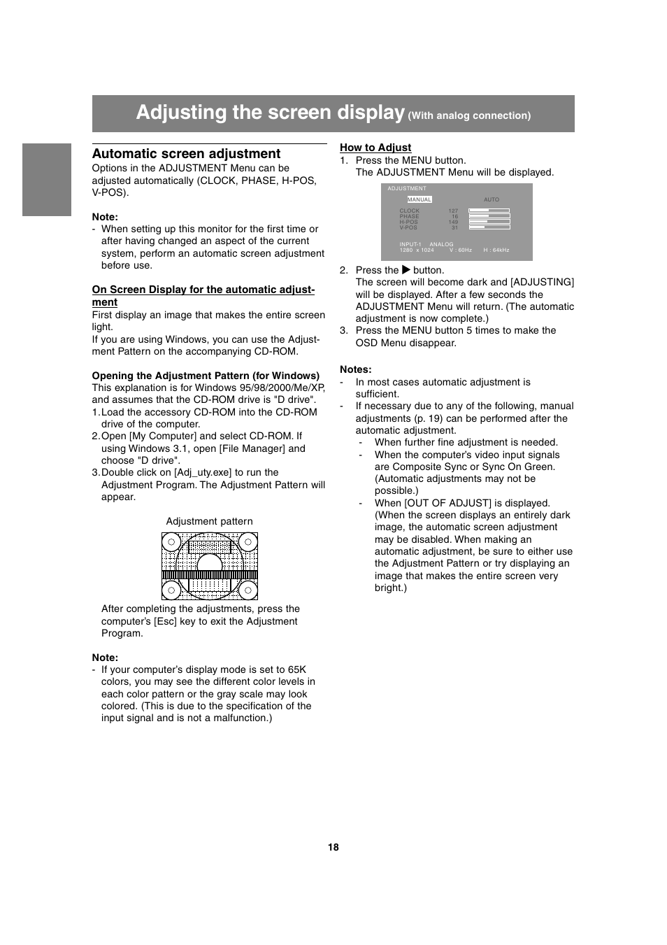 Adjusting the screen display, Automatic screen adjustment | Sharp LL-T1815 User Manual | Page 18 / 156