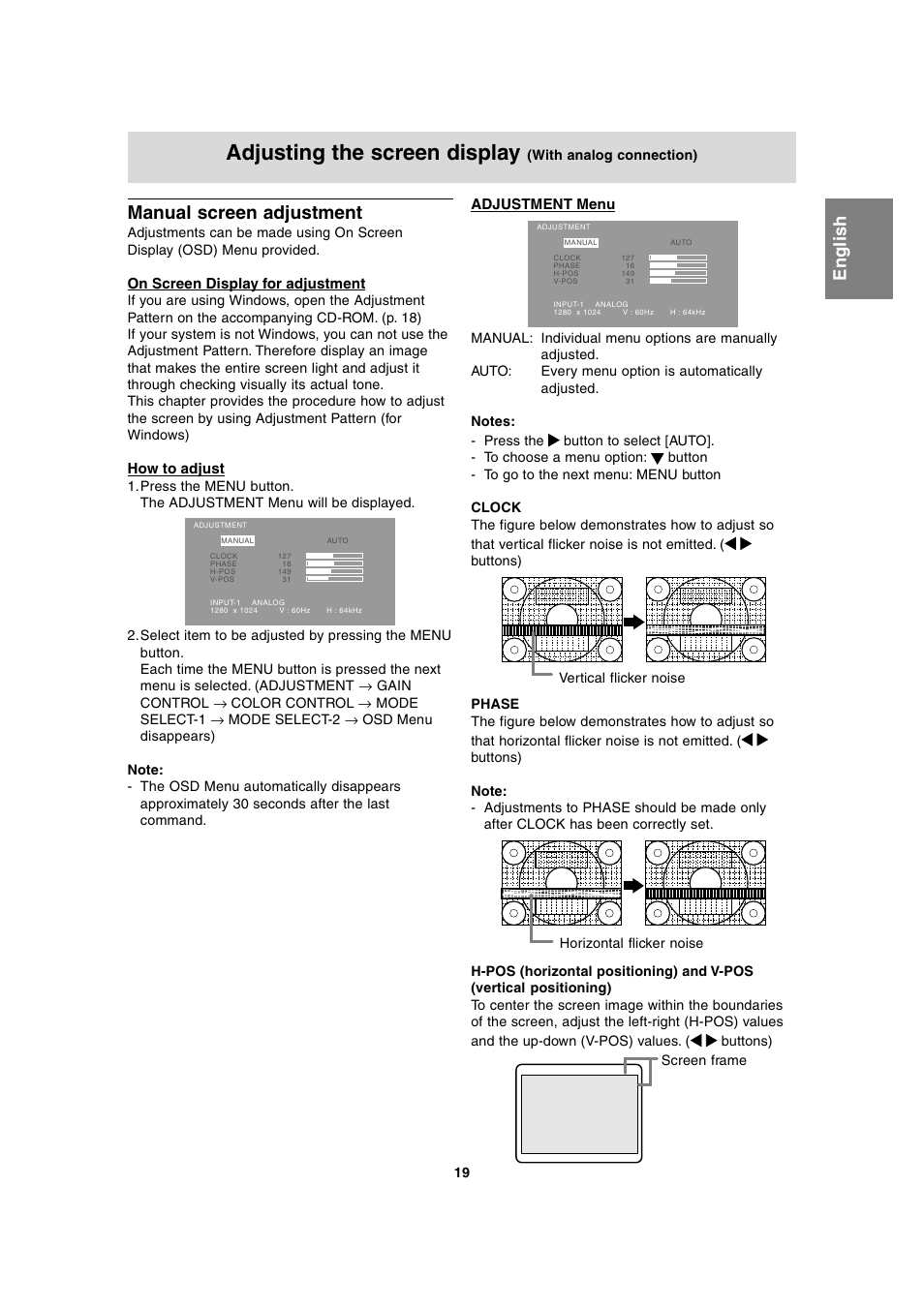 Adjusting the screen display, Manual screen adjustment | Sharp LL-T1815 User Manual | Page 19 / 156