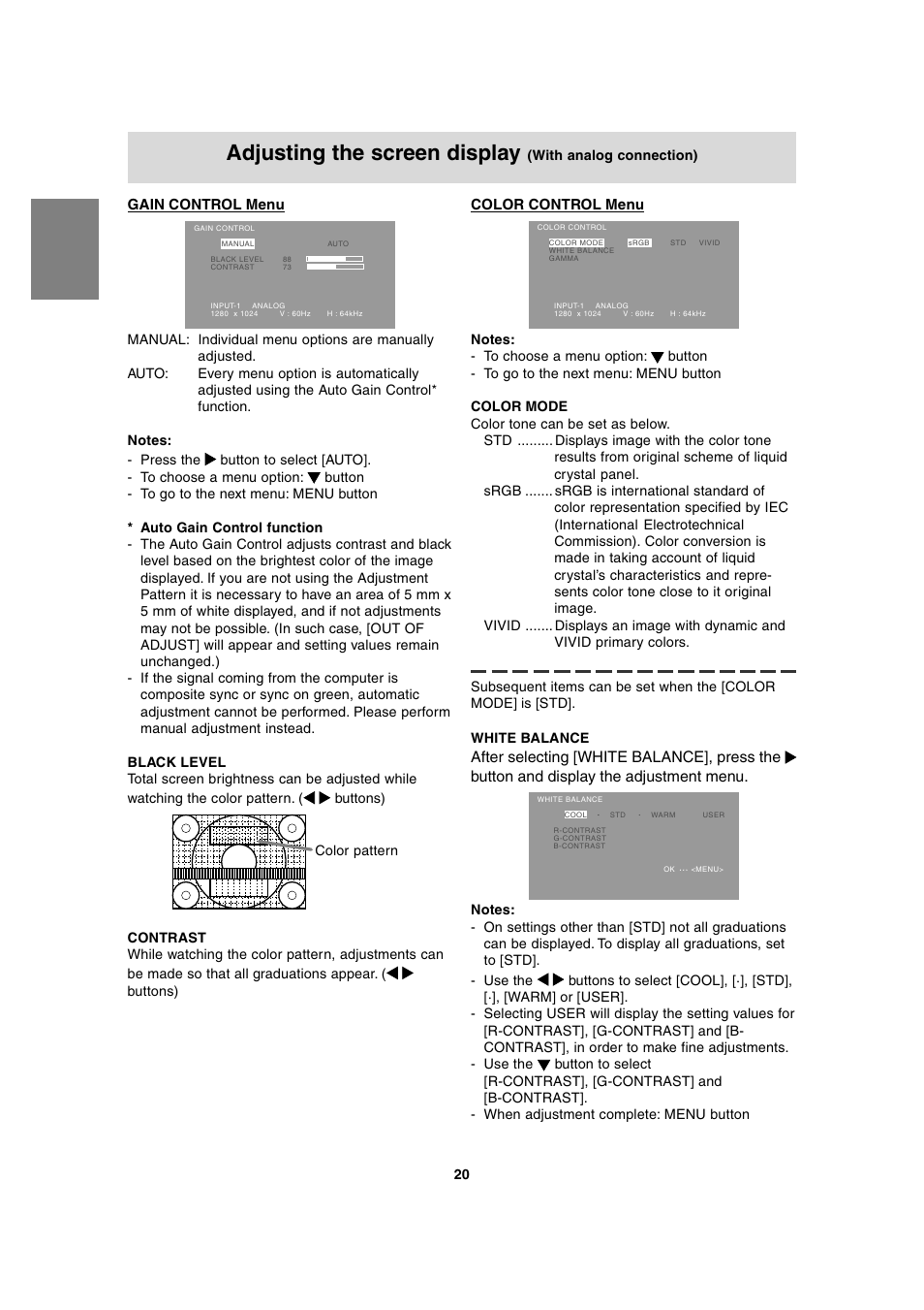 Adjusting the screen display, Gain control menu, Color control menu | Sharp LL-T1815 User Manual | Page 20 / 156