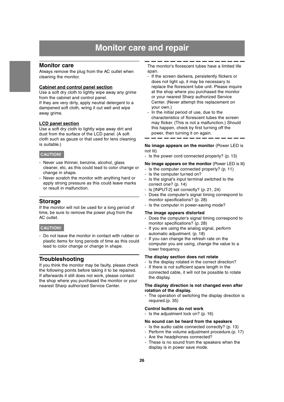 Monitor care and repair, Monitor care, Storage | Troubleshooting | Sharp LL-T1815 User Manual | Page 26 / 156