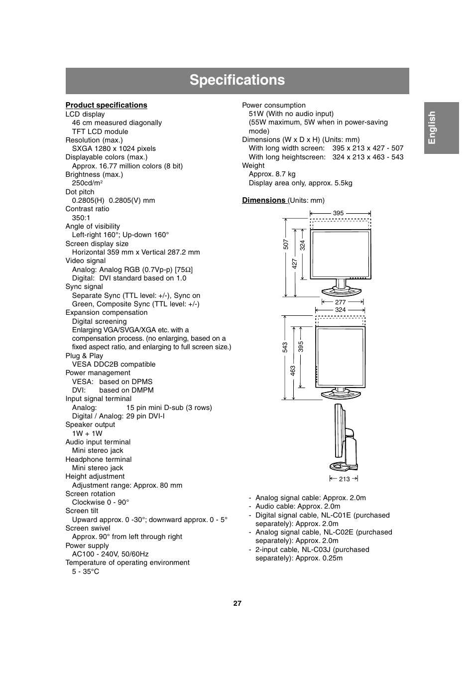 Specifications | Sharp LL-T1815 User Manual | Page 27 / 156