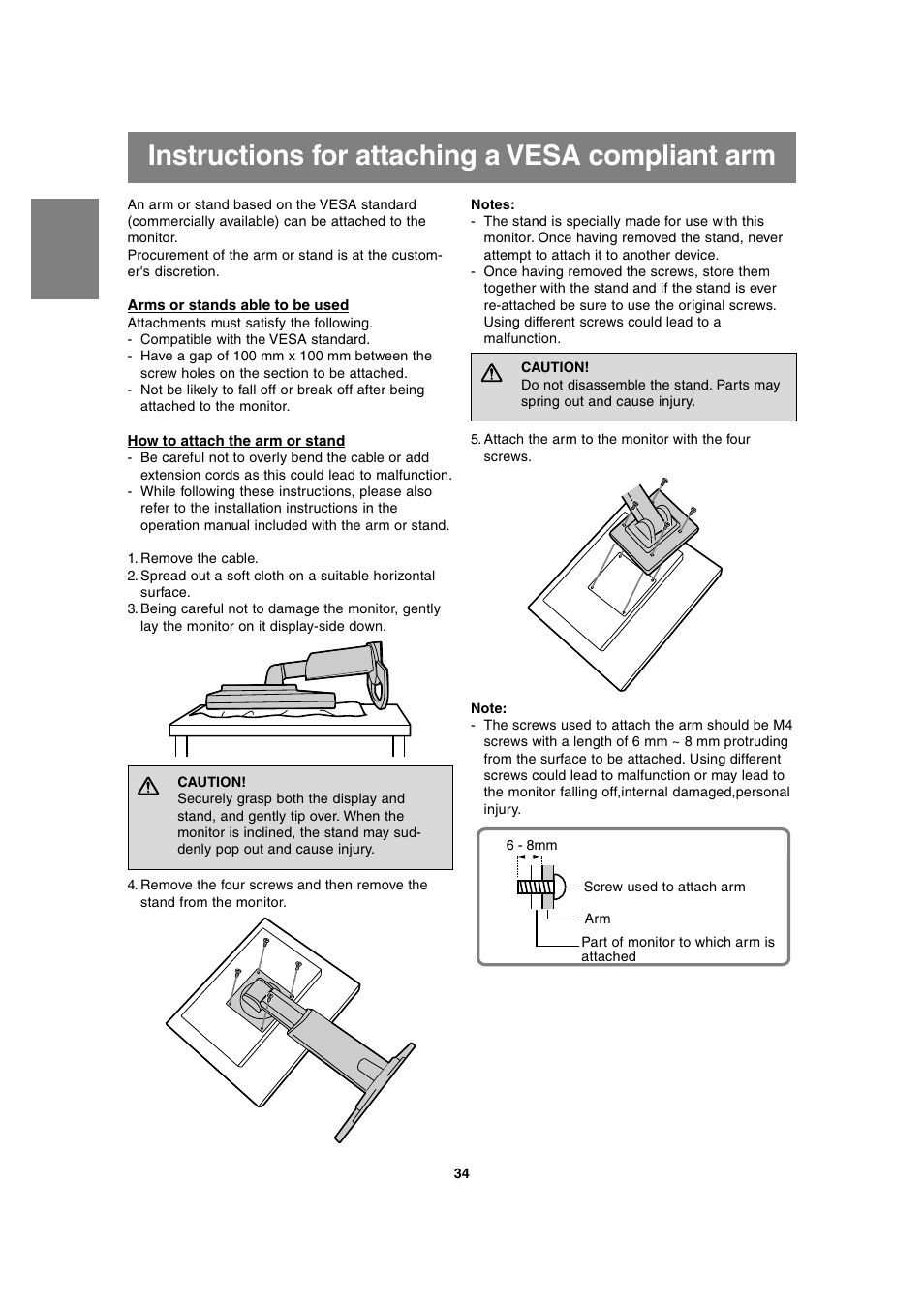 Instructions for attaching a vesa compliant arm | Sharp LL-T1815 User Manual | Page 34 / 156