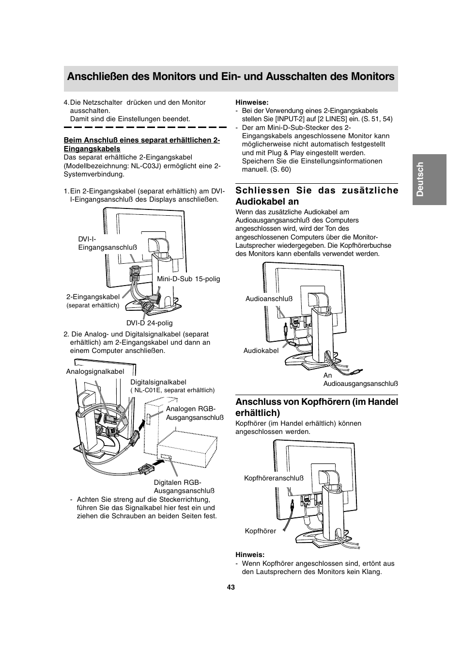 Schliessen sie das zusätzliche audiokabel an, Anschluss von kopfhörern (im handel erhältlich) | Sharp LL-T1815 User Manual | Page 43 / 156