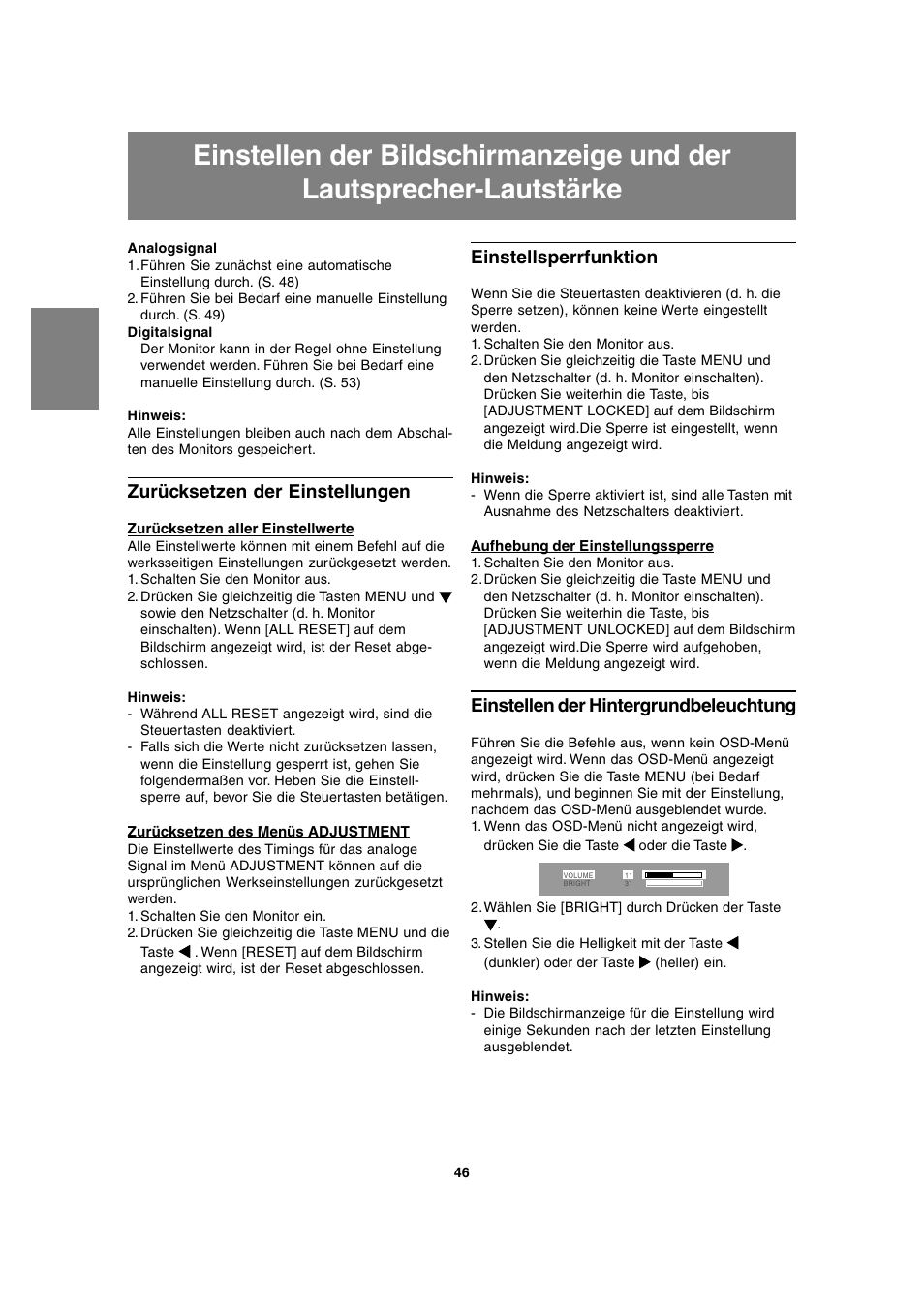 Zurücksetzen der einstellungen, Einstellsperrfunktion, Einstellen der hintergrundbeleuchtung | Sharp LL-T1815 User Manual | Page 46 / 156