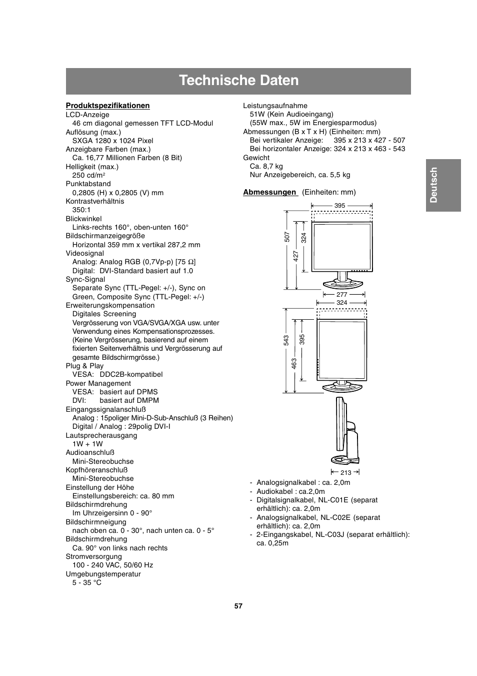 Technische daten | Sharp LL-T1815 User Manual | Page 57 / 156