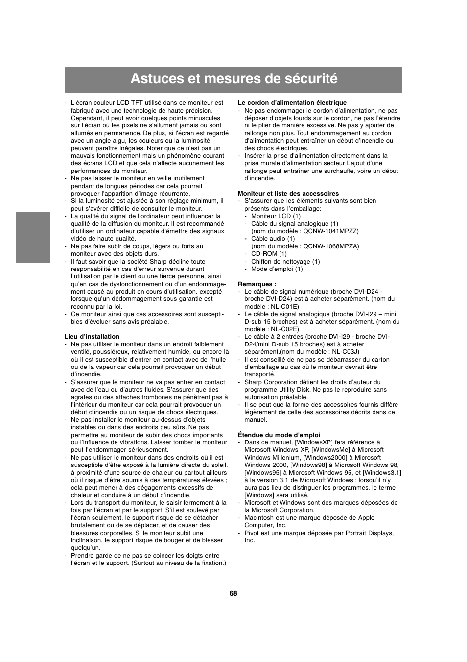 Astuces et mesures de sécurité | Sharp LL-T1815 User Manual | Page 68 / 156