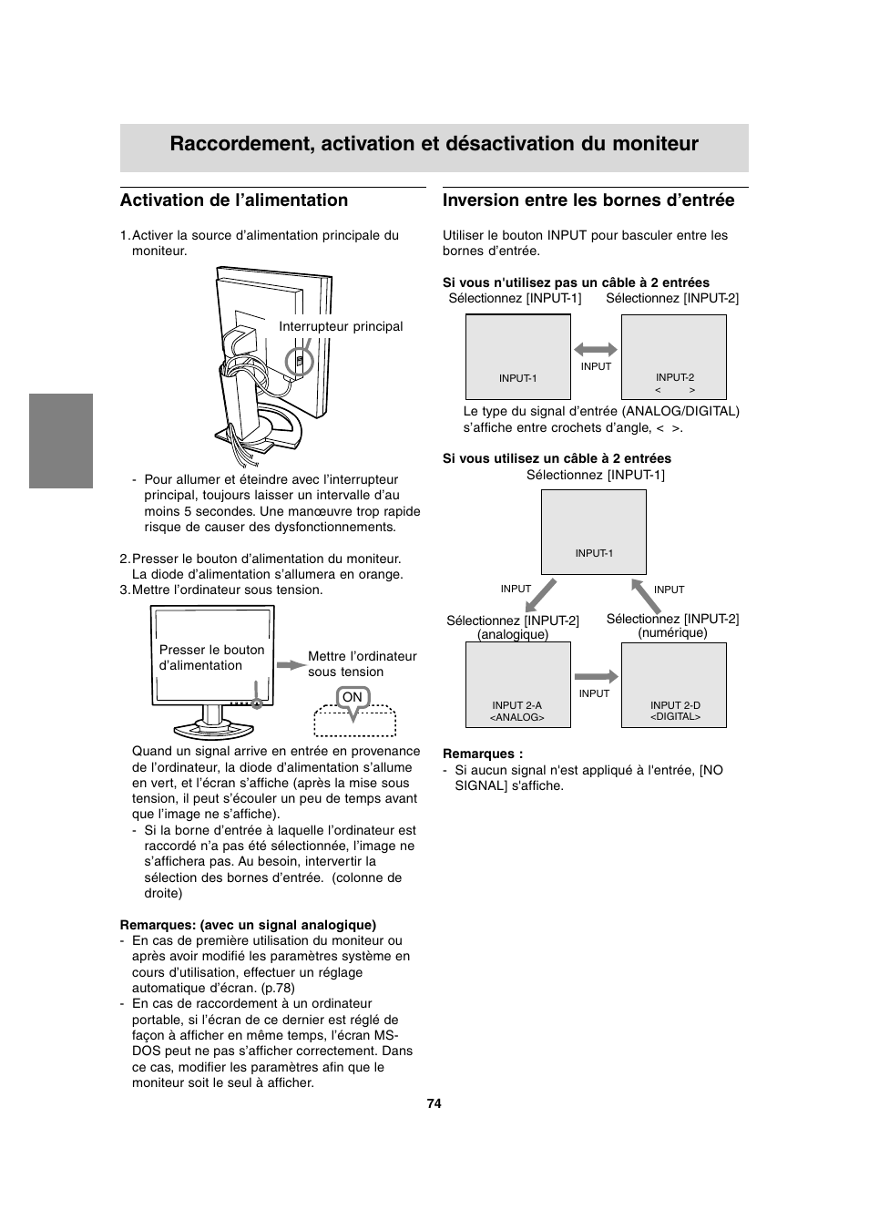 Activation de l’alimentation, Inversion entre les bornes d’entrée | Sharp LL-T1815 User Manual | Page 74 / 156