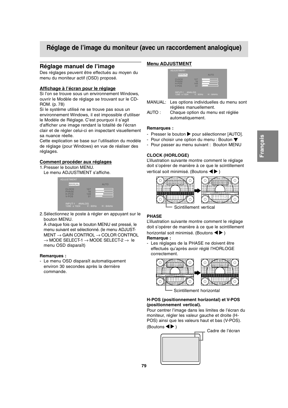 Réglage manuel de l’image, Affichage à l’écran pour le réglage, Comment procéder aux réglages | Menu adjustment | Sharp LL-T1815 User Manual | Page 79 / 156