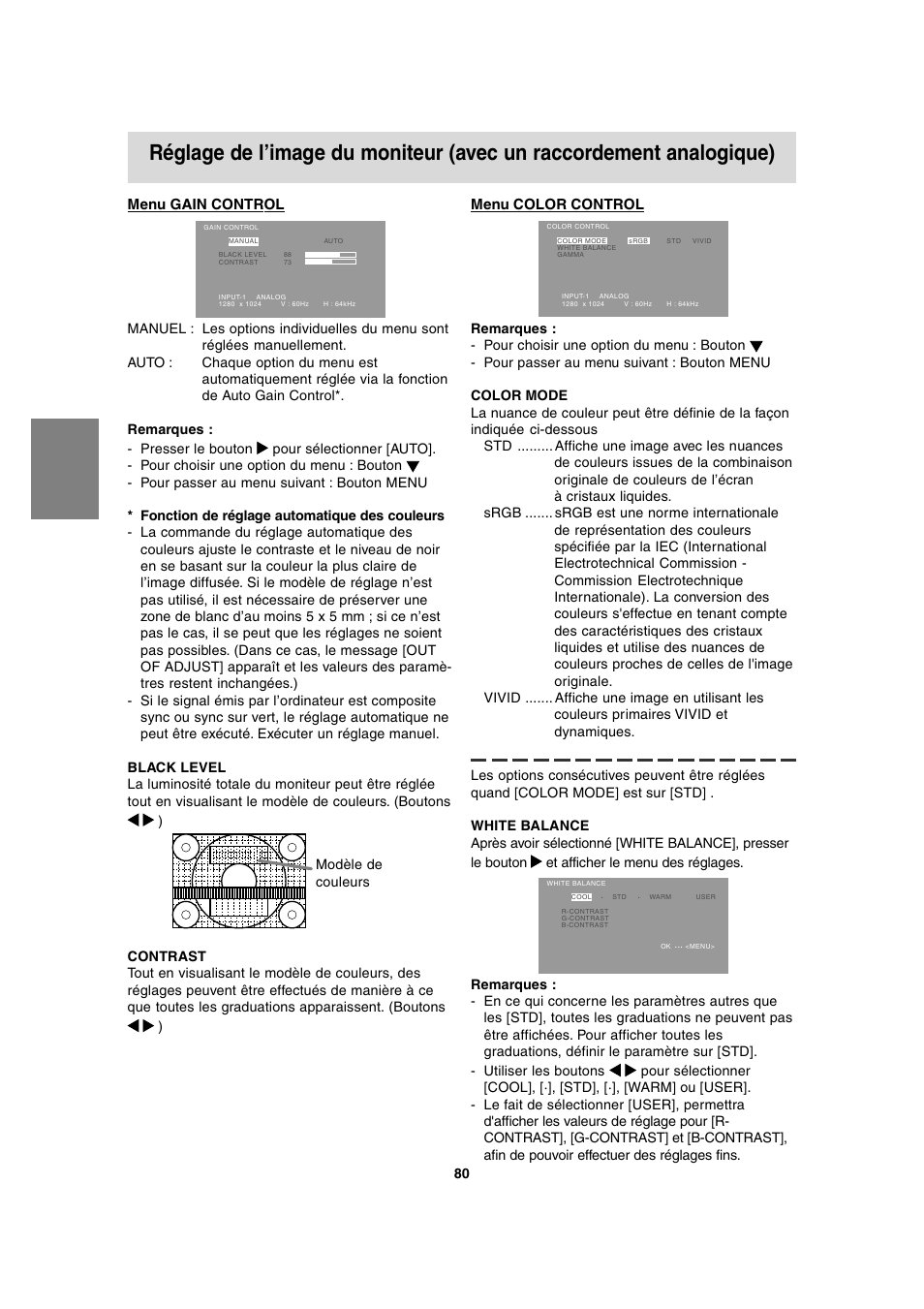 Menu gain control, Menu color control | Sharp LL-T1815 User Manual | Page 80 / 156