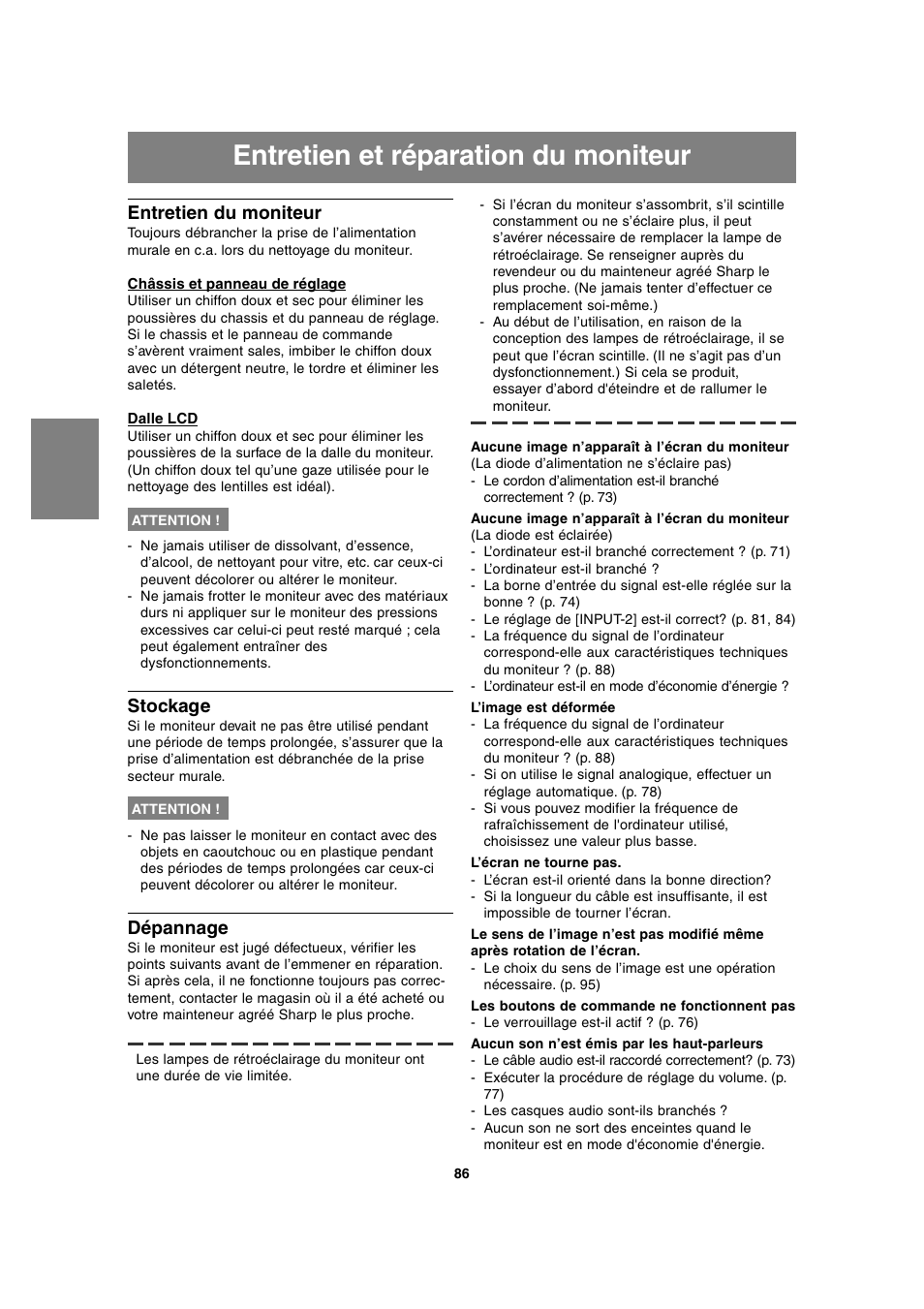 Entretien et réparation du moniteur, Entretien du moniteur, Stockage | Dépannage | Sharp LL-T1815 User Manual | Page 86 / 156