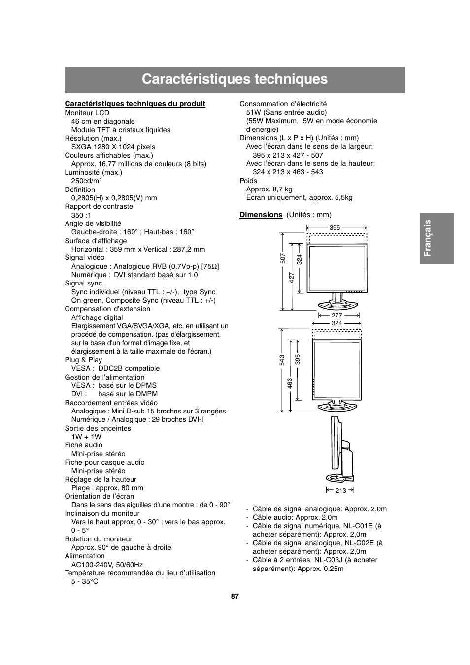 Caractéristiques techniques | Sharp LL-T1815 User Manual | Page 87 / 156