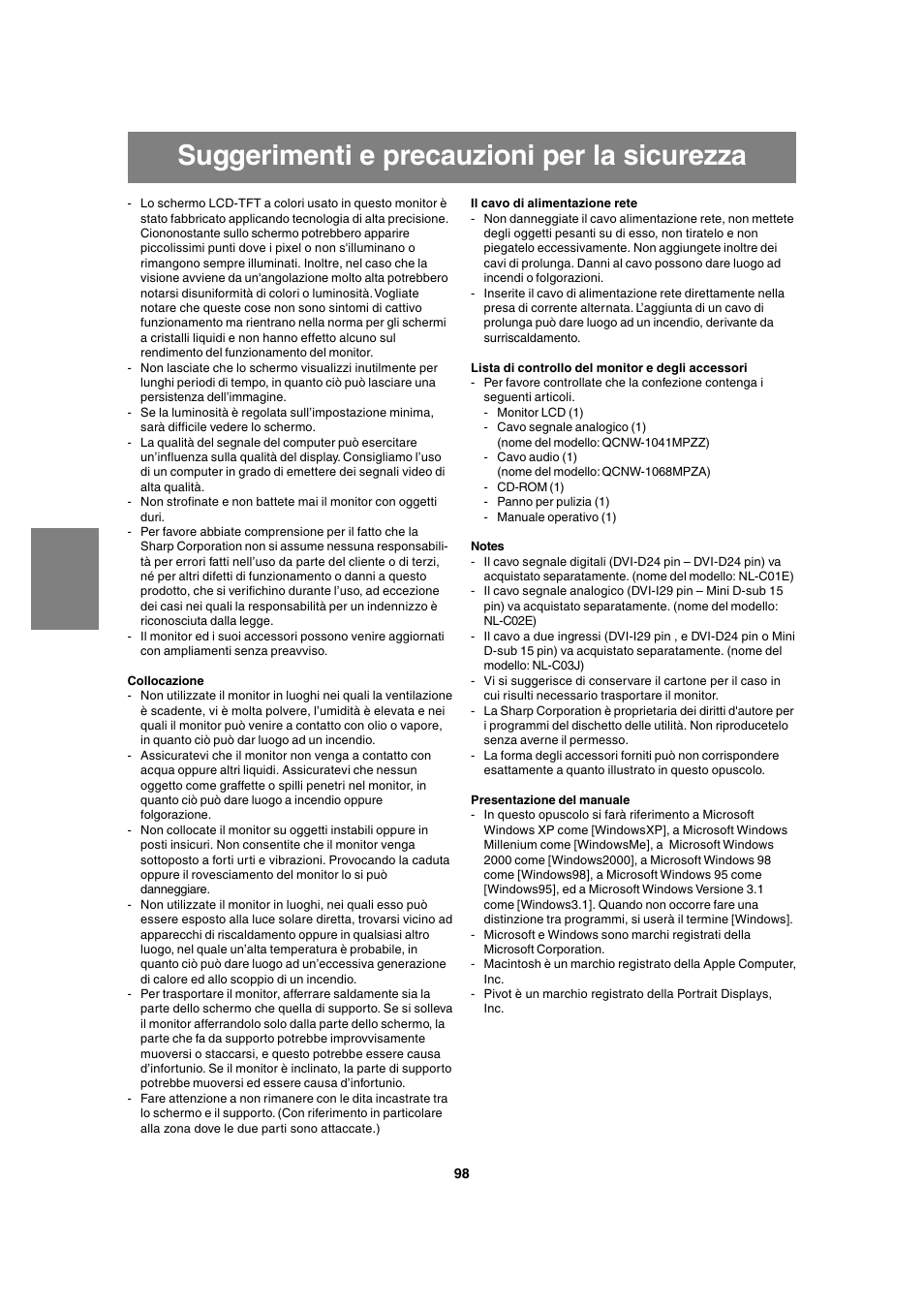 Suggerimenti e precauzioni per la sicurezza | Sharp LL-T1815 User Manual | Page 98 / 156