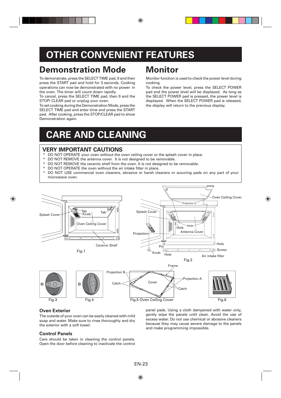 Care and cleaning other convenient features, Monitor, Demonstration mode | Very important cautions | Sharp CD2200M User Manual | Page 24 / 92