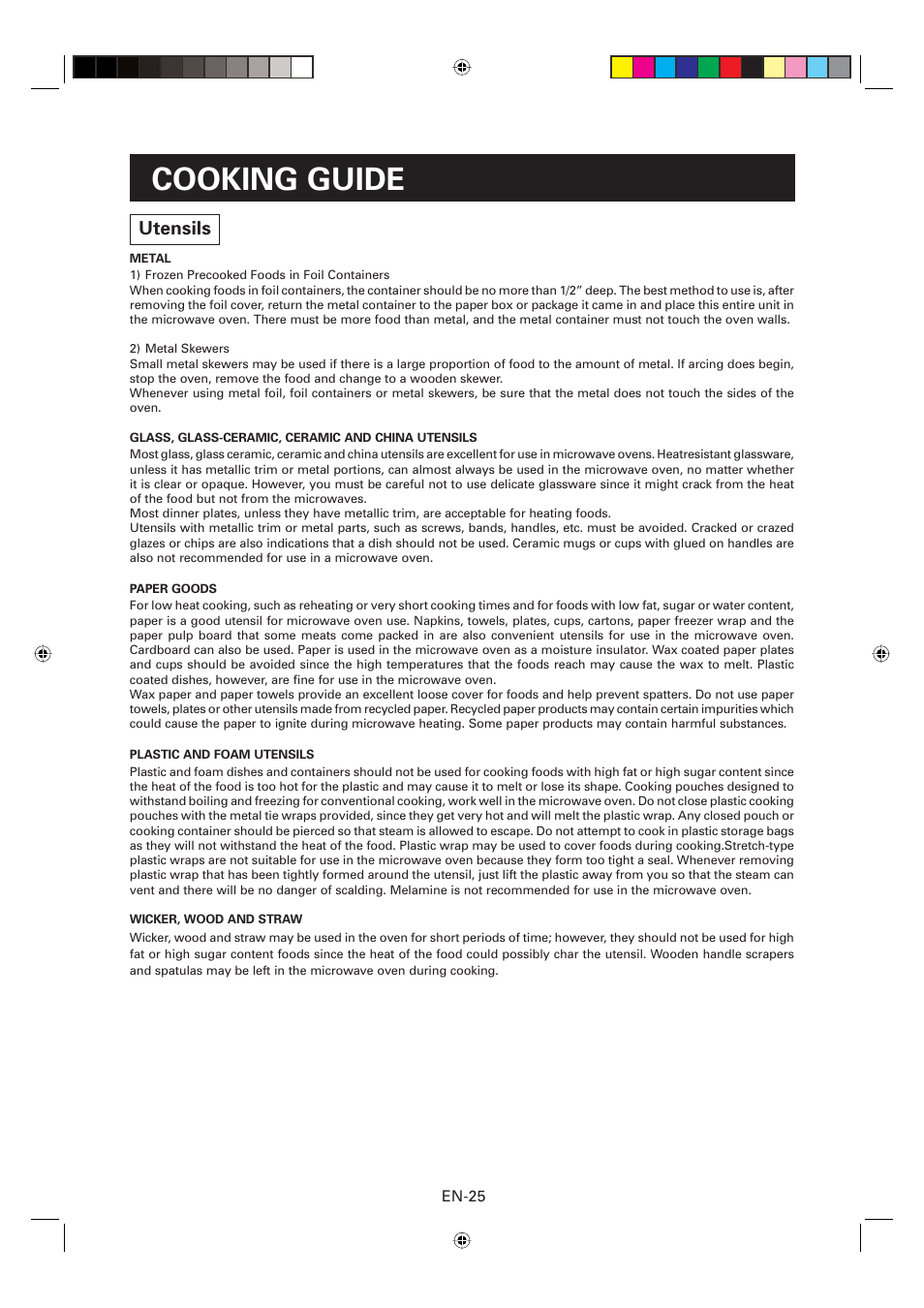 Cooking guide, Utensils | Sharp CD2200M User Manual | Page 26 / 92