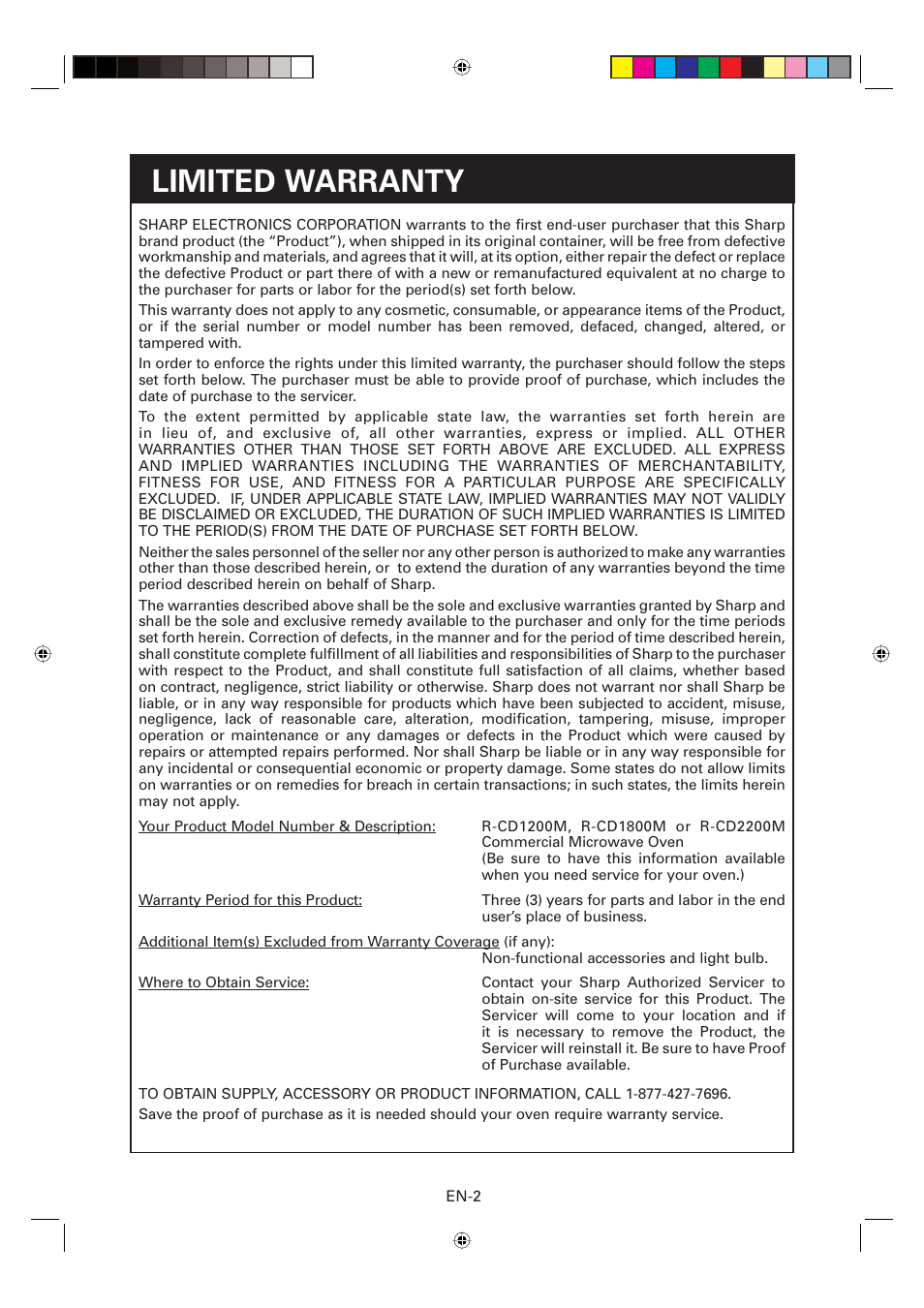Limited warranty | Sharp CD2200M User Manual | Page 3 / 92