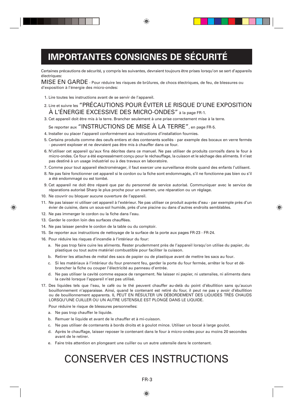 Conserver ces instructions, Importantes consignes de sécurité, Mise en garde | Instructions de mise à la terre | Sharp CD2200M User Manual | Page 34 / 92