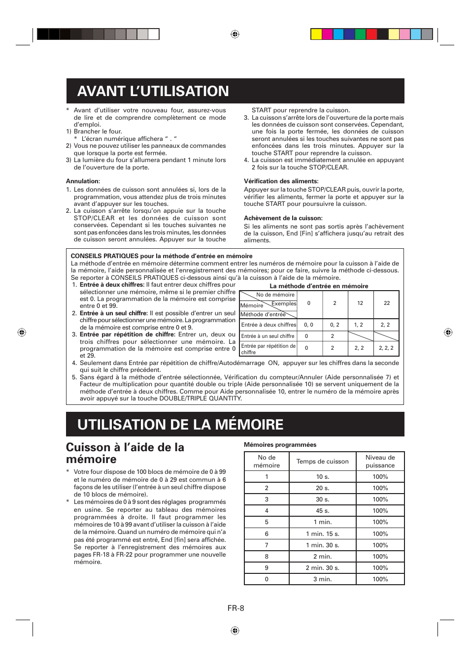 Avant l’utilisation, Utilisation de la mémoire, Cuisson à l’aide de la mémoire | Fr-8 | Sharp CD2200M User Manual | Page 39 / 92