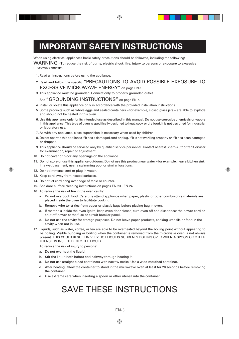 Save these instructions, Important safety instructions, Warning | Grounding instructions | Sharp CD2200M User Manual | Page 4 / 92