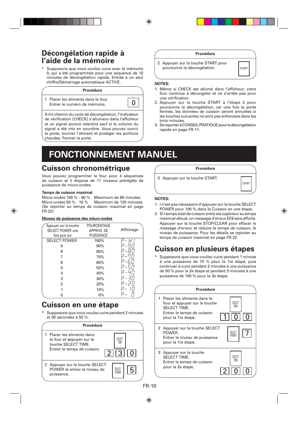 Fonctionnement manuel, Décongélation rapide à l’aide de la mémoire, Cuisson chronométrique | Cuisson en plusieurs étapes, Cuisson en une étape | Sharp CD2200M User Manual | Page 41 / 92