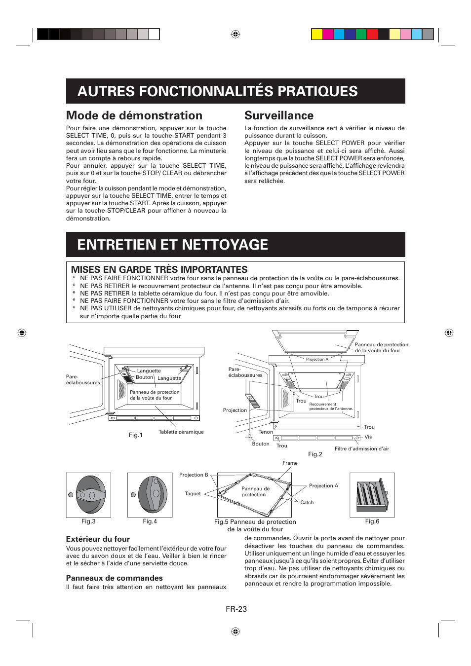 Surveillance, Mode de démonstration, Mises en garde très importantes | Fr-23, Extérieur du four, Panneaux de commandes | Sharp CD2200M User Manual | Page 54 / 92