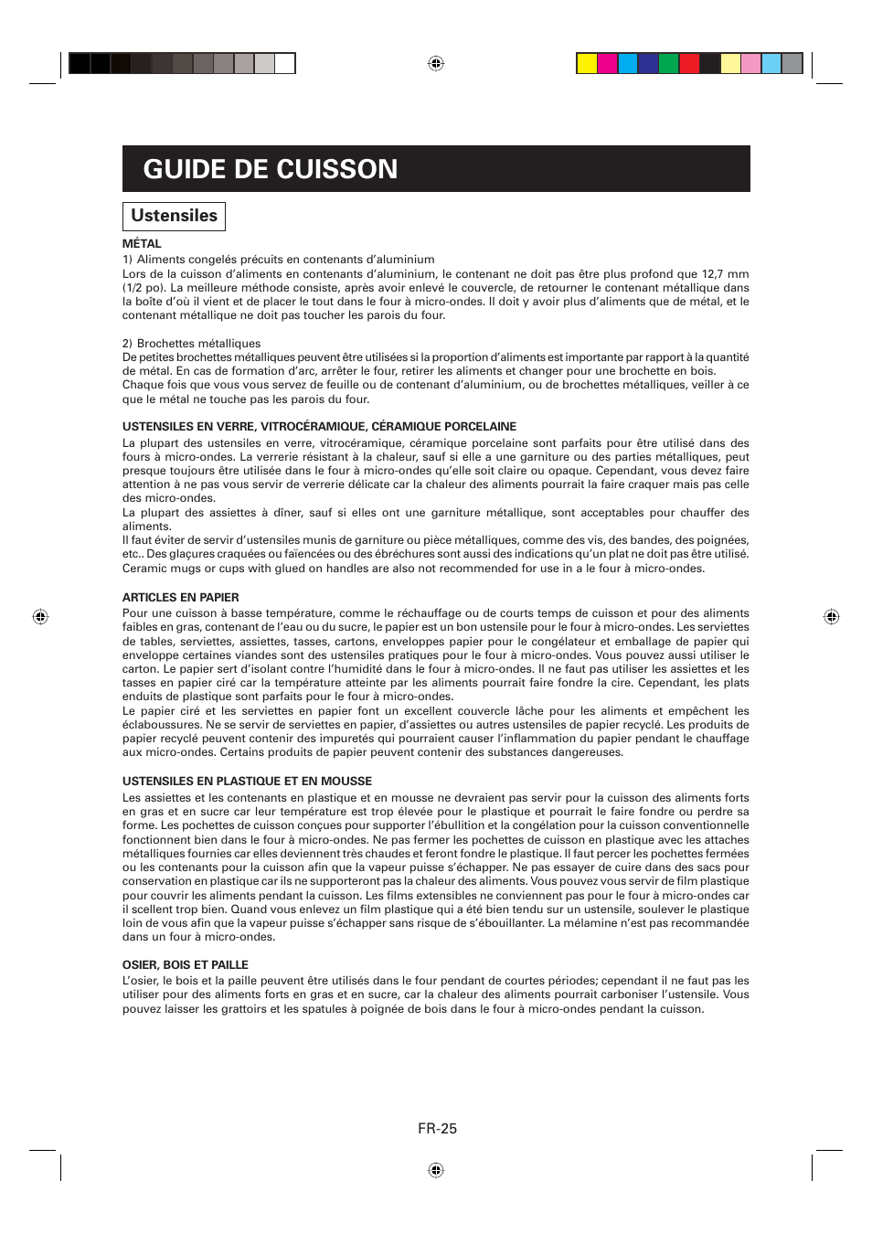 Guide de cuisson, Ustensiles | Sharp CD2200M User Manual | Page 56 / 92