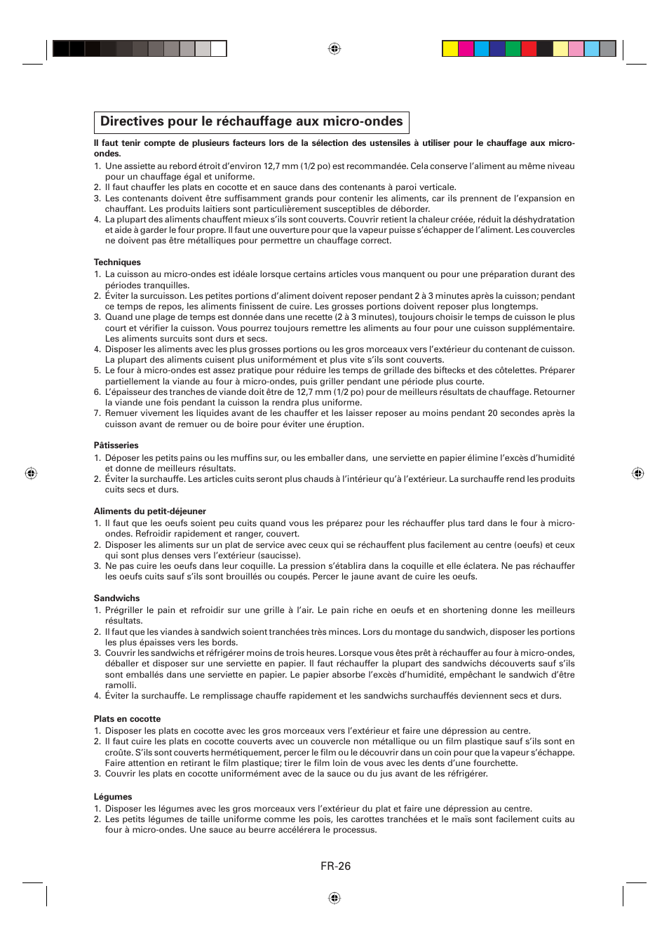 Directives pour le réchauffage aux micro-ondes, Fr-26 | Sharp CD2200M User Manual | Page 57 / 92