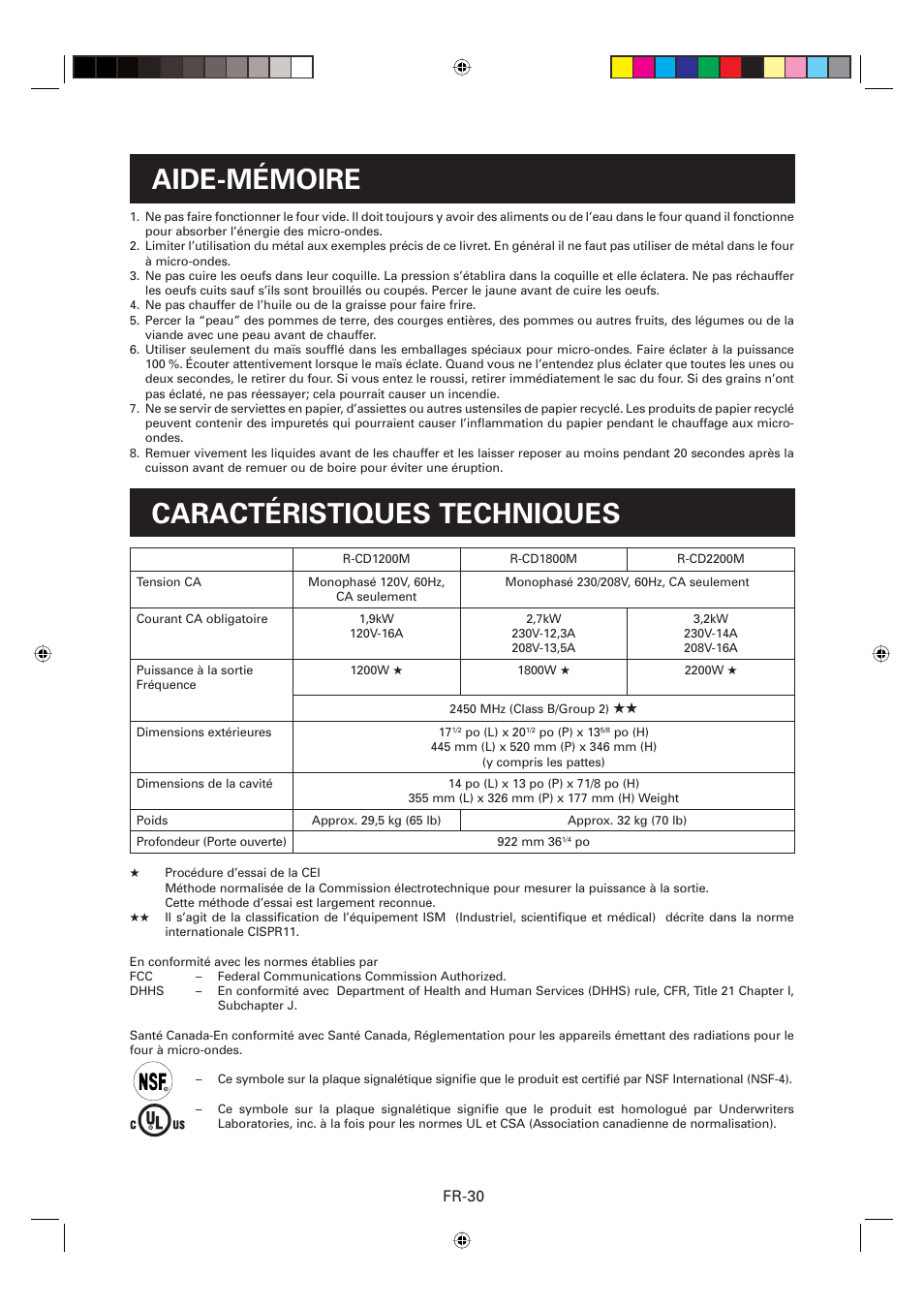 Aide-mémoire caractéristiques techniques, Fr-30 | Sharp CD2200M User Manual | Page 61 / 92