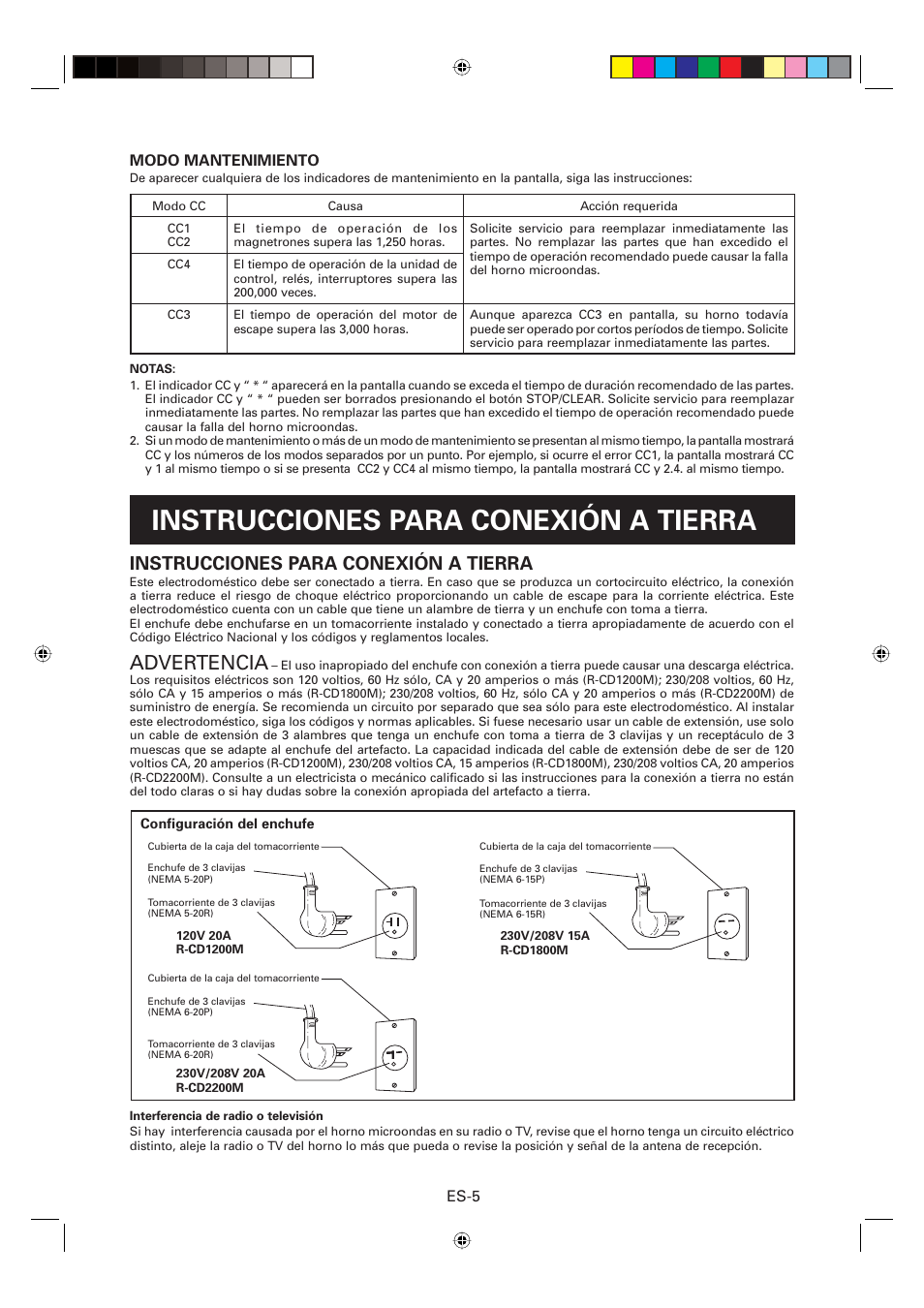 Instrucciones para conexión a tierra, Advertencia, Es-5 modo mantenimiento | Sharp CD2200M User Manual | Page 66 / 92