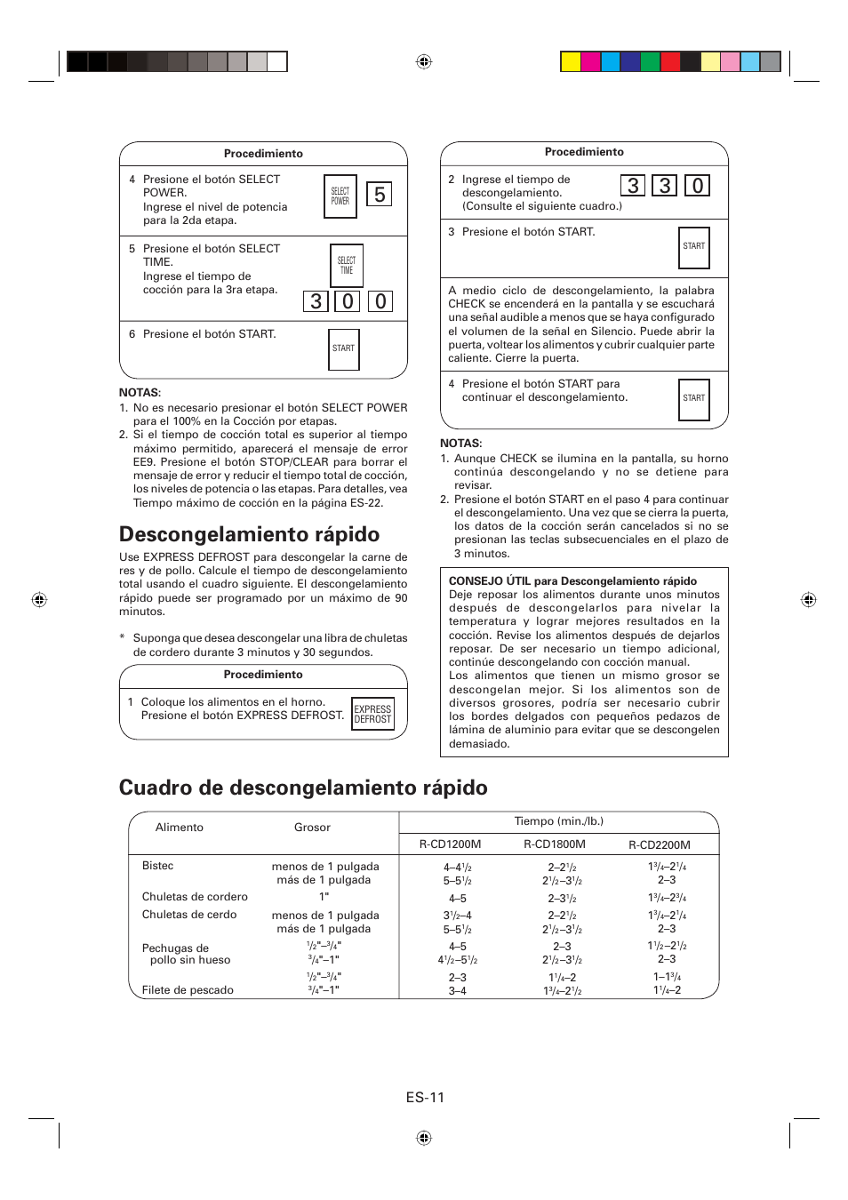 Descongelamiento rápido, Cuadro de descongelamiento rápido, Es-11 | Sharp CD2200M User Manual | Page 72 / 92