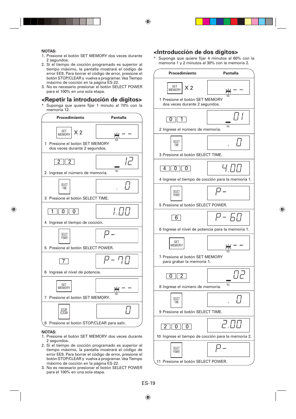 Repetir la introducción de dígitos, Introducción de dos dígitos, Es-19 | Sharp CD2200M User Manual | Page 80 / 92