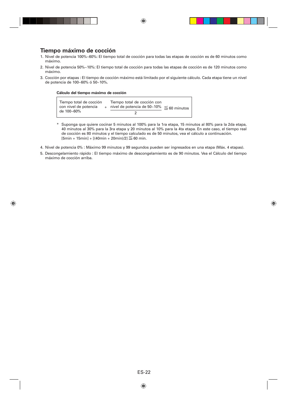 Tiempo máximo de cocción, Es-22 | Sharp CD2200M User Manual | Page 83 / 92