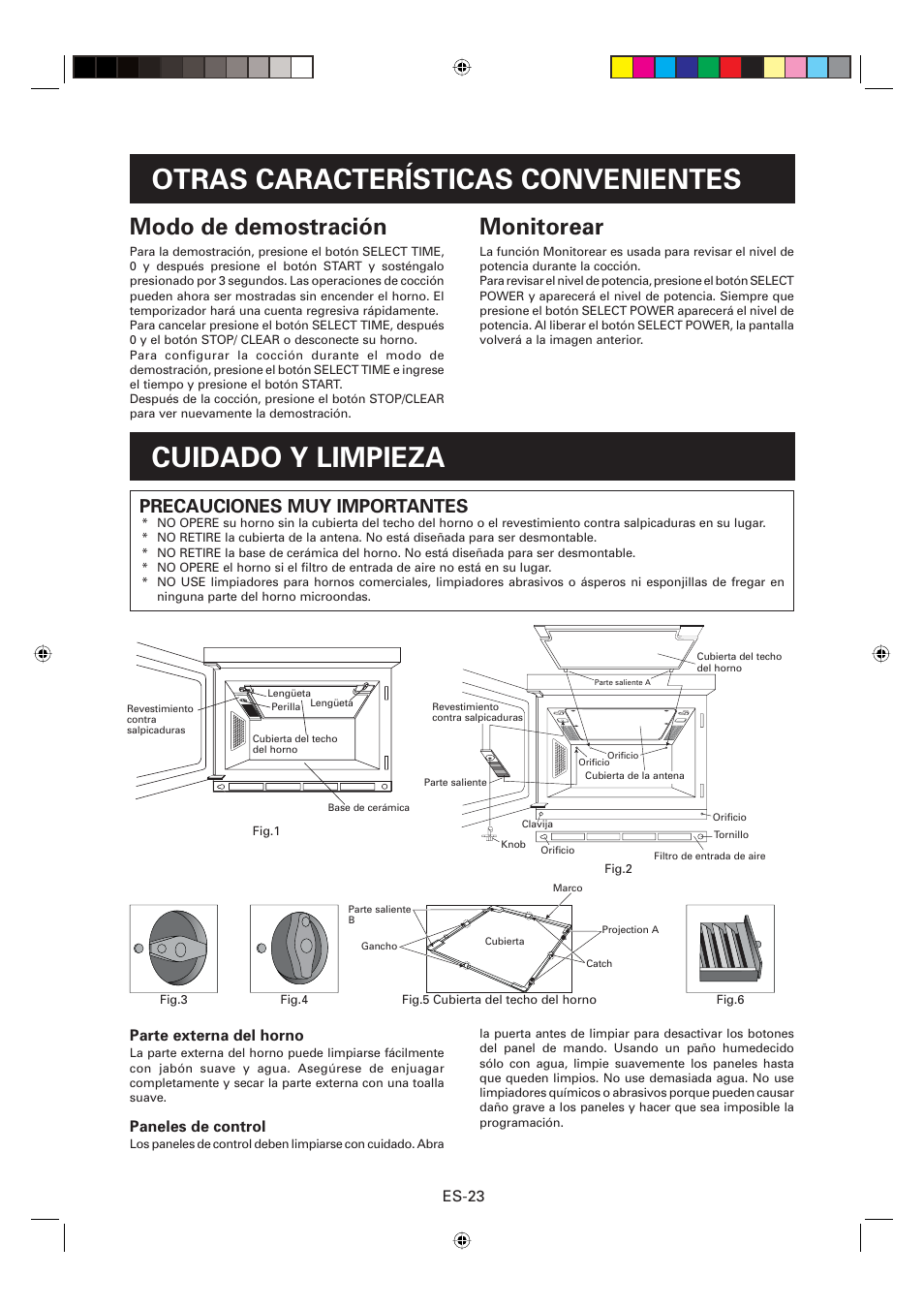 Monitorear, Modo de demostración, Precauciones muy importantes | Es-23, Parte externa del horno, Paneles de control | Sharp CD2200M User Manual | Page 84 / 92