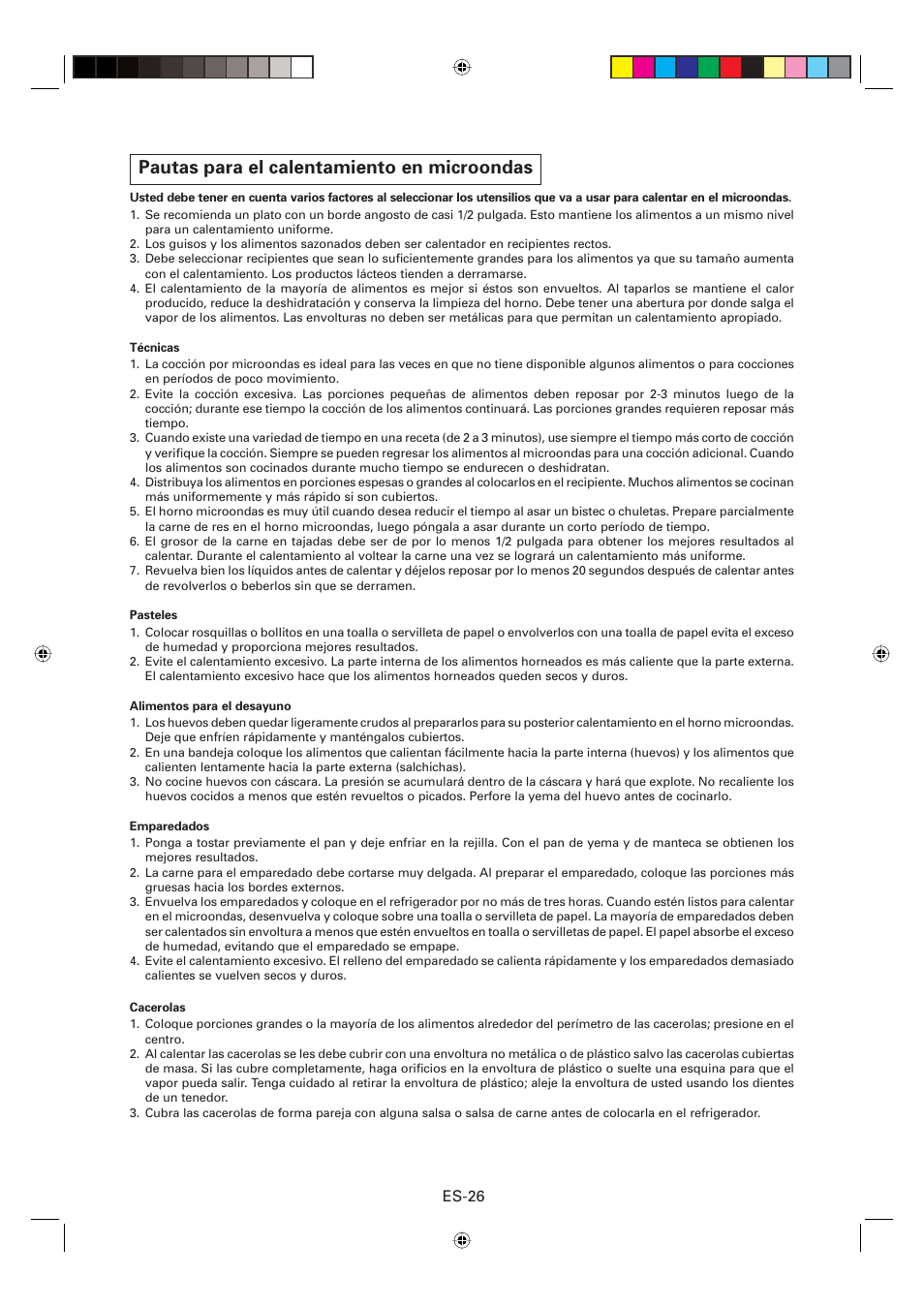 Pautas para el calentamiento en microondas, Es-26 | Sharp CD2200M User Manual | Page 87 / 92