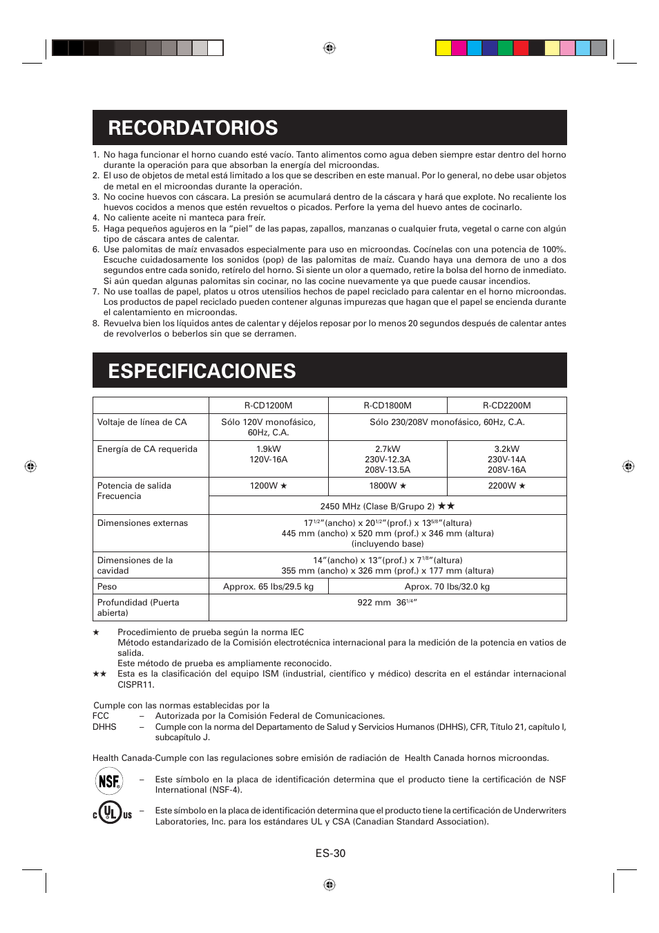 Recordatorios especificaciones, Es-30 | Sharp CD2200M User Manual | Page 91 / 92