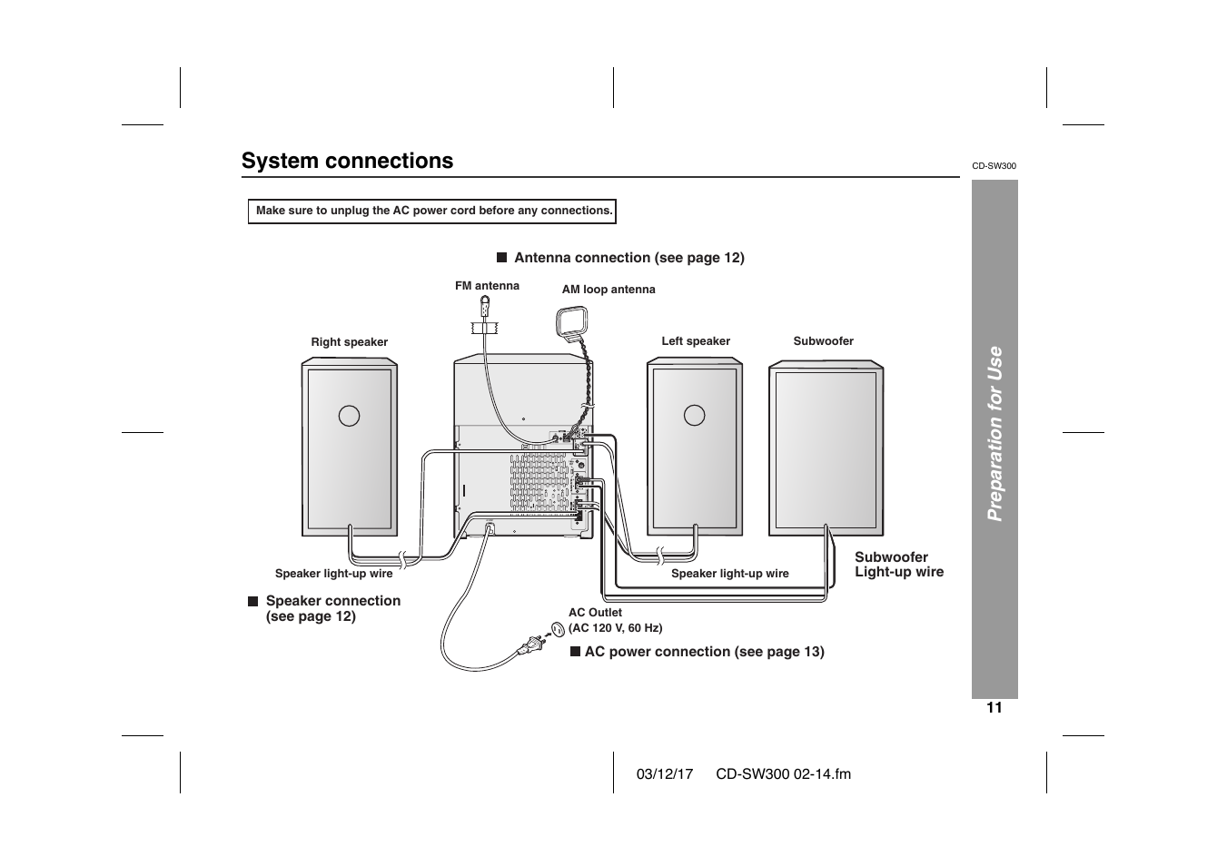 System connections | Sharp CD-SW300 User Manual | Page 11 / 44