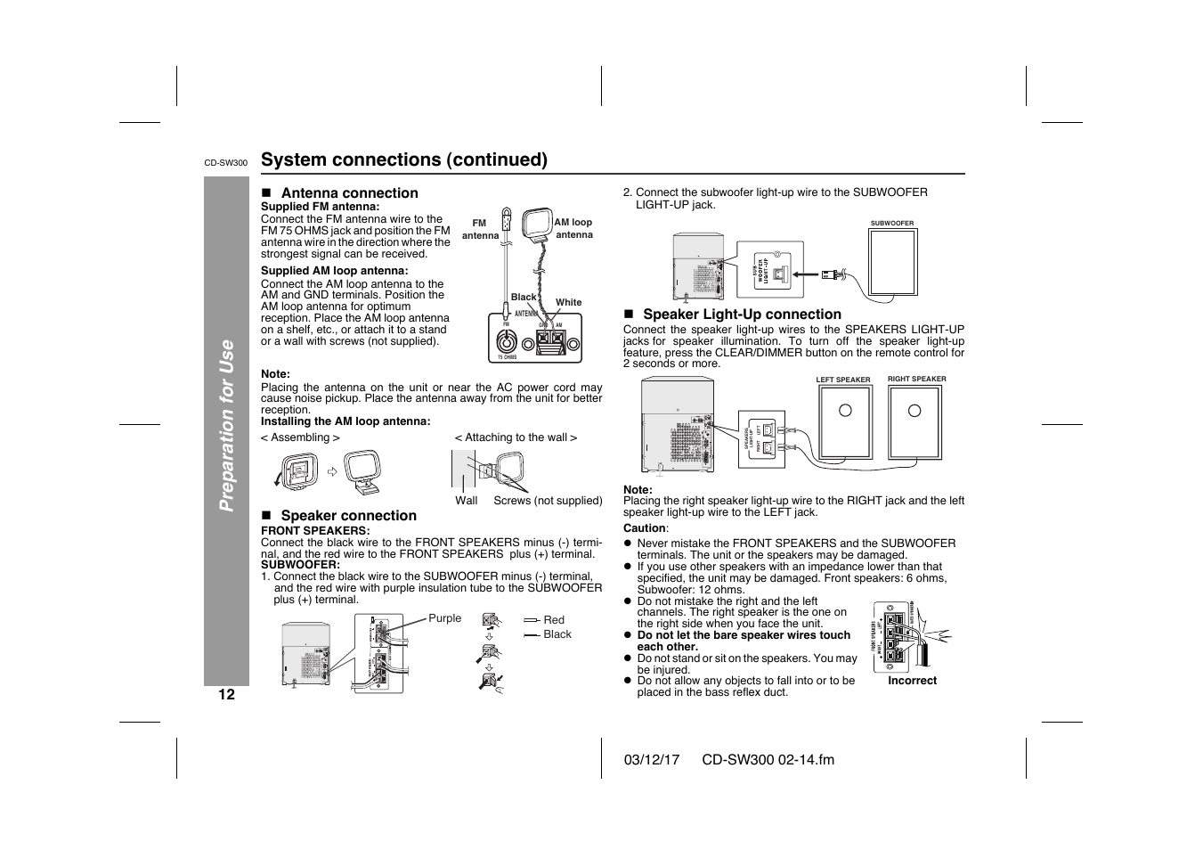 Preparation for use system connections (continued), Ac input | Sharp CD-SW300 User Manual | Page 12 / 44