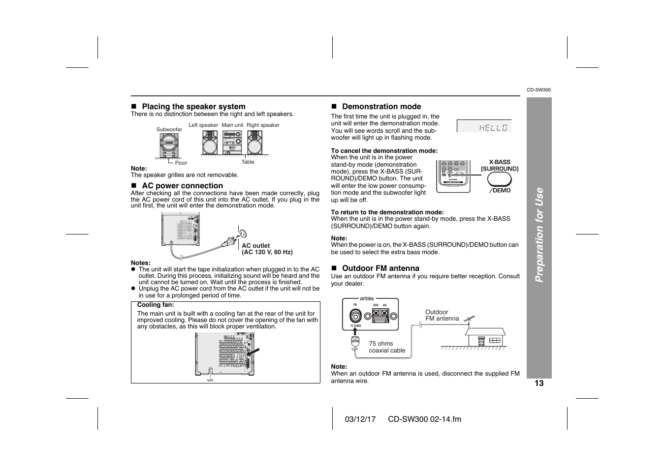 Preparation for use, Ac input | Sharp CD-SW300 User Manual | Page 13 / 44