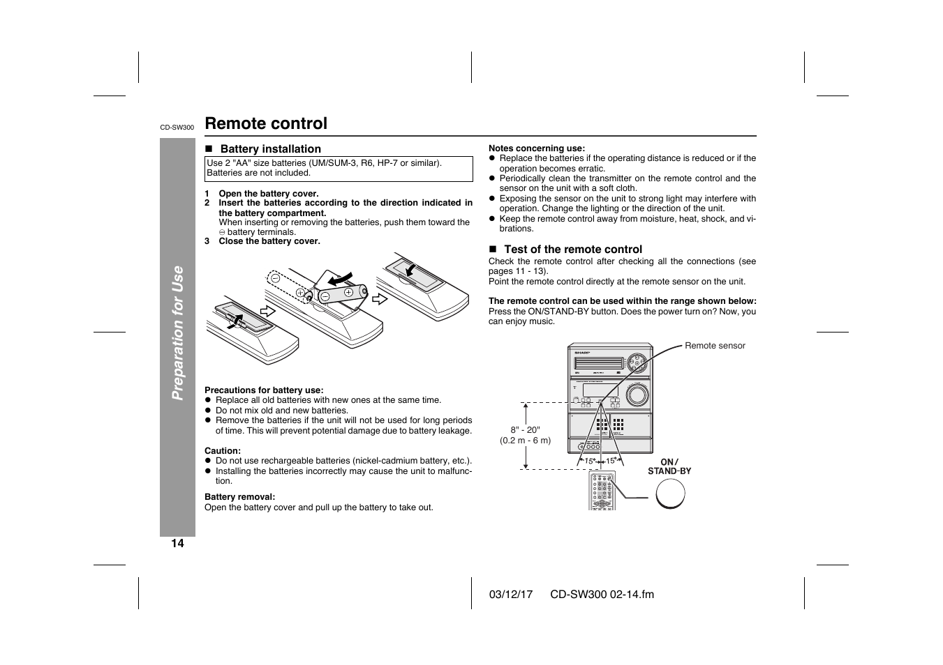 Remote control, Preparation for use | Sharp CD-SW300 User Manual | Page 14 / 44