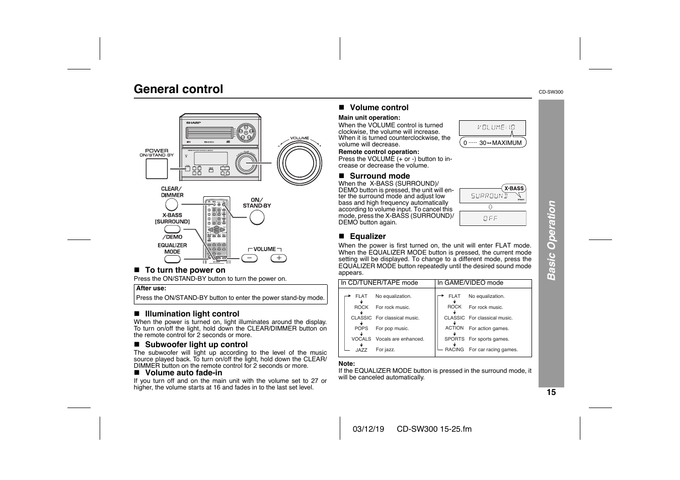 General control, Basic operation | Sharp CD-SW300 User Manual | Page 15 / 44