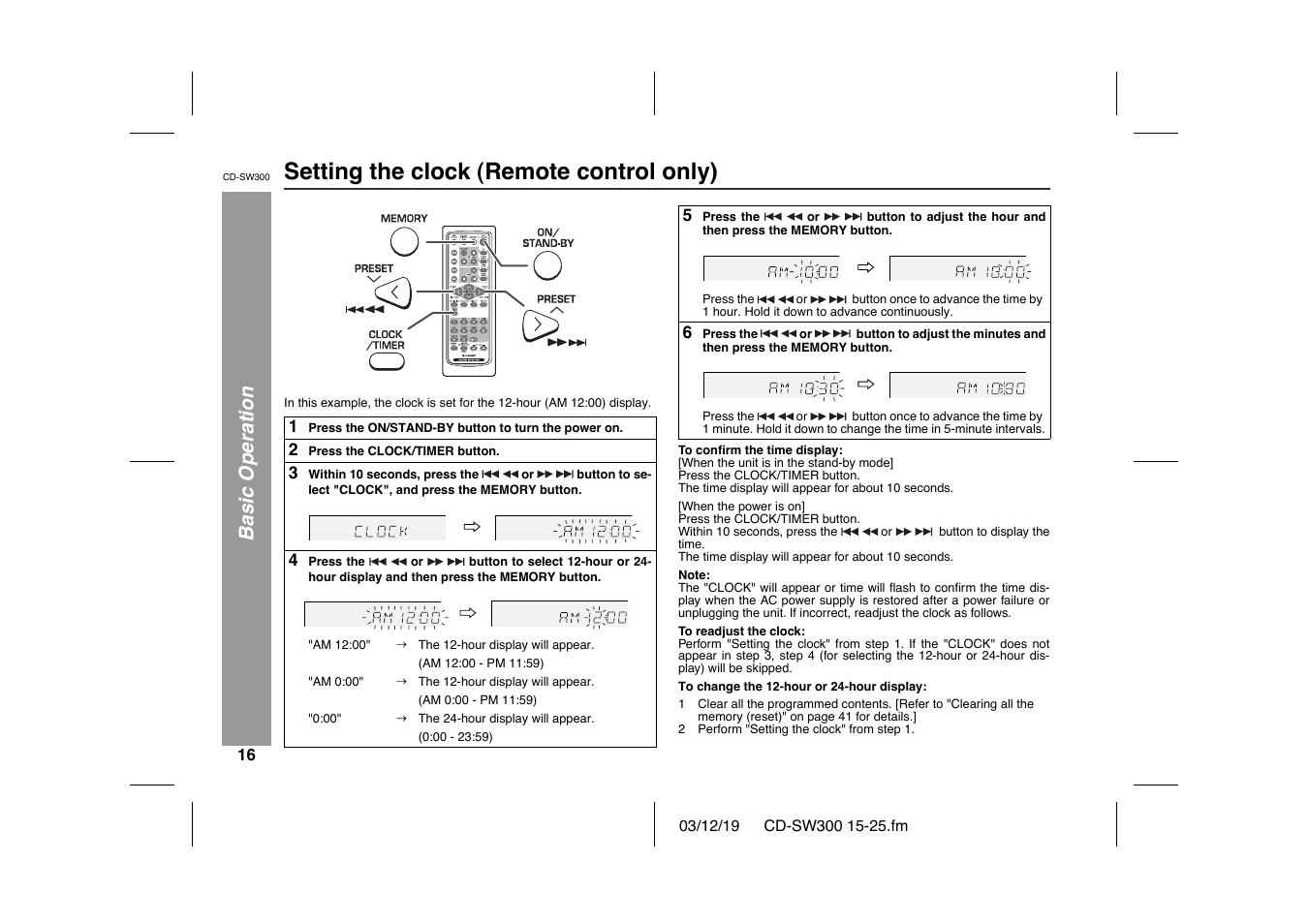 Setting the clock (remote control only), Basic operation | Sharp CD-SW300 User Manual | Page 16 / 44