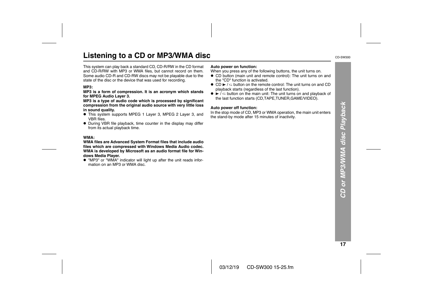 Listening to a cd or mp3/wma disc, Cd or mp3/wma disc playback | Sharp CD-SW300 User Manual | Page 17 / 44