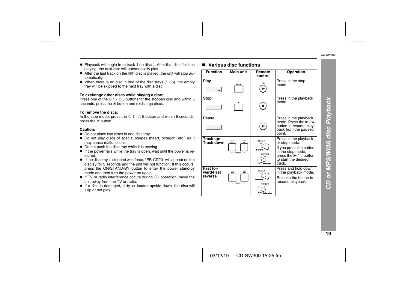 Cd or mp3/wma disc playback | Sharp CD-SW300 User Manual | Page 19 / 44