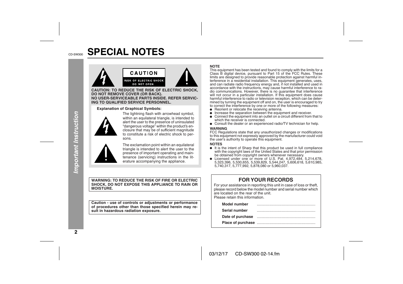 Important instruction | Sharp CD-SW300 User Manual | Page 2 / 44