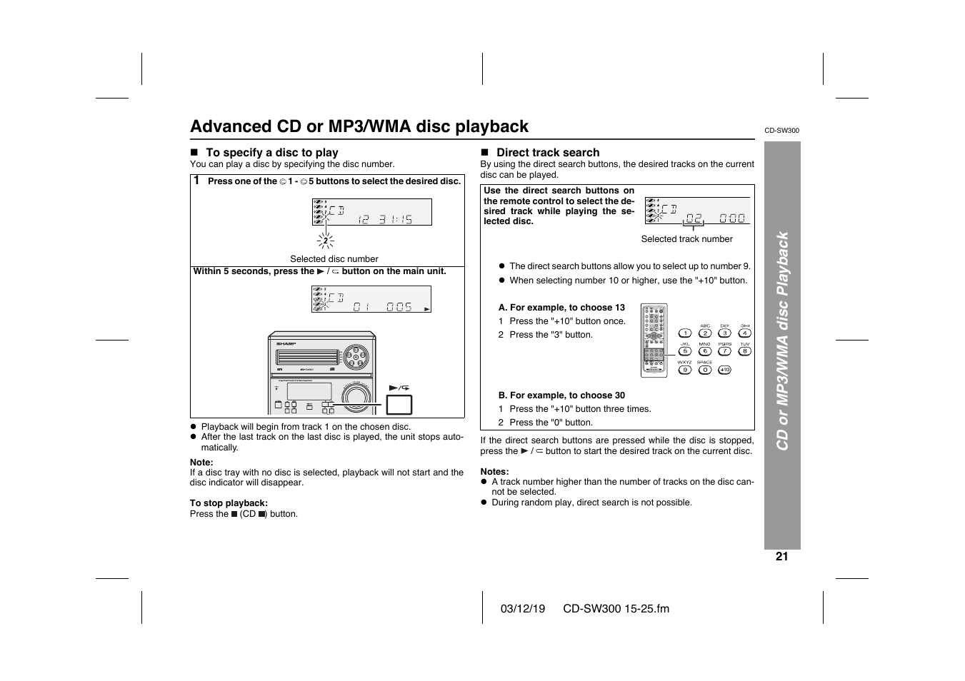 Advanced cd or mp3/wma disc playback, Cd or mp3/wma disc playback | Sharp CD-SW300 User Manual | Page 21 / 44