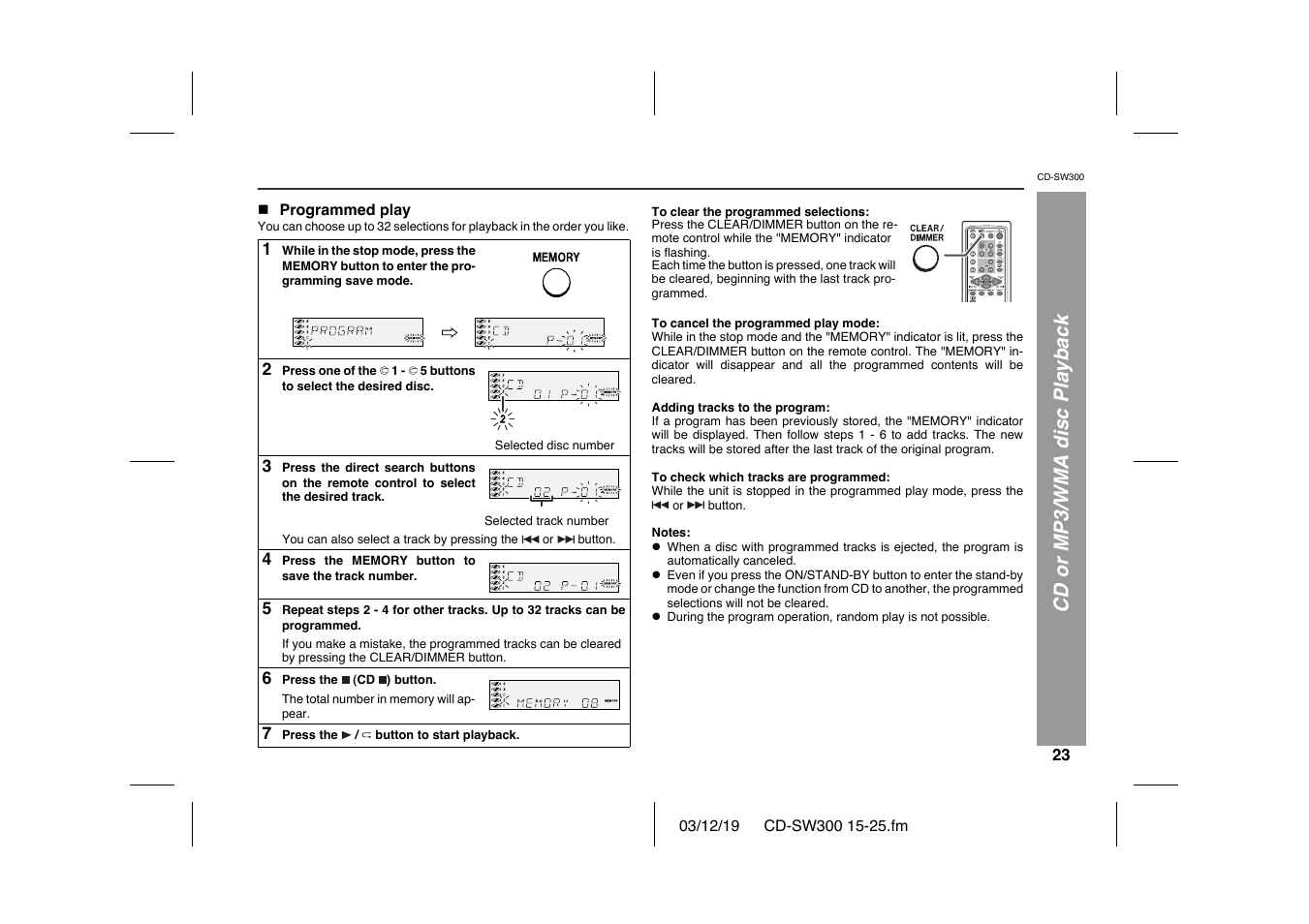 Cd or mp3/wma disc playback | Sharp CD-SW300 User Manual | Page 23 / 44